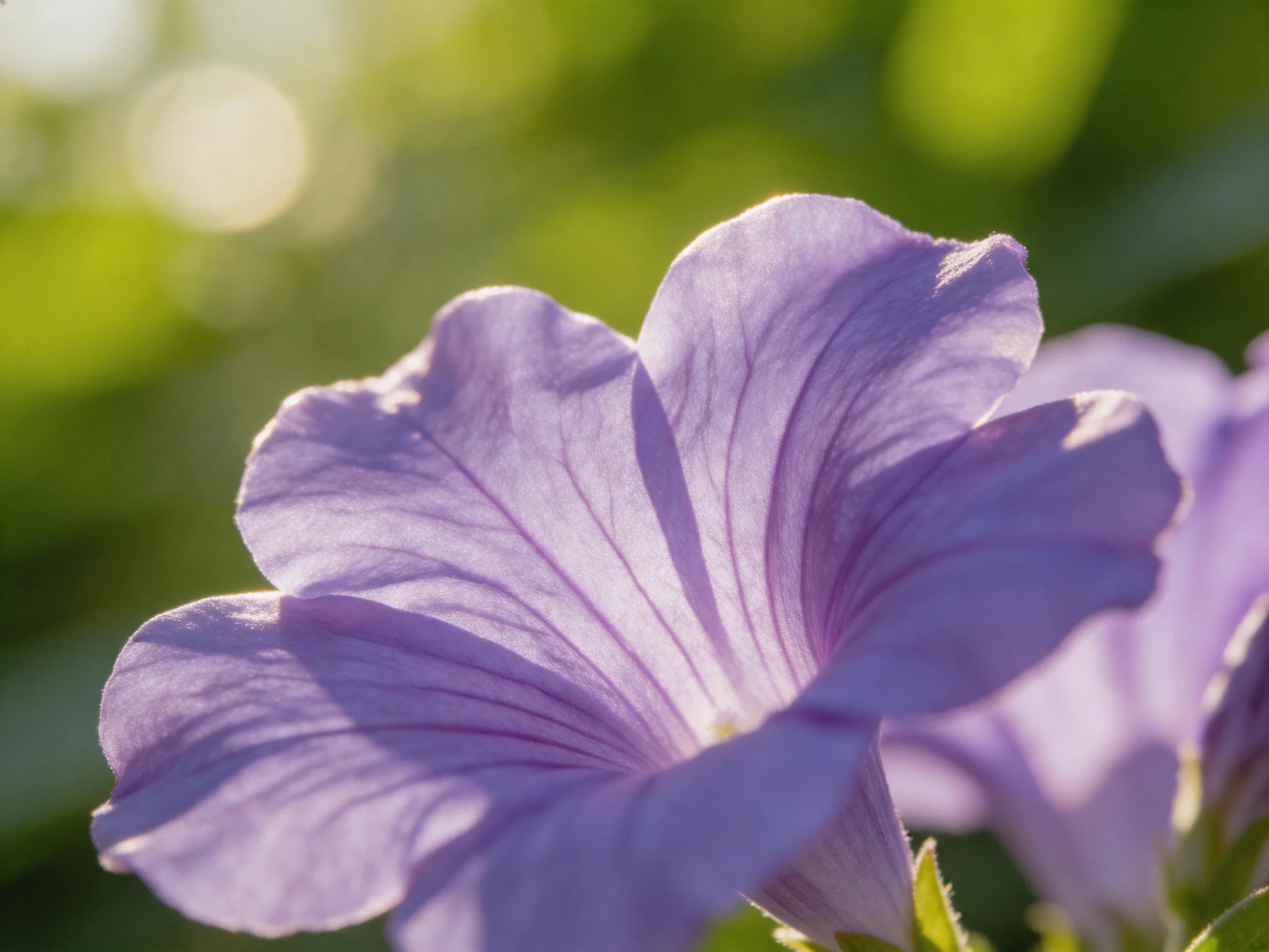 Delicate lavender petunia blooms against soft green bokeh
