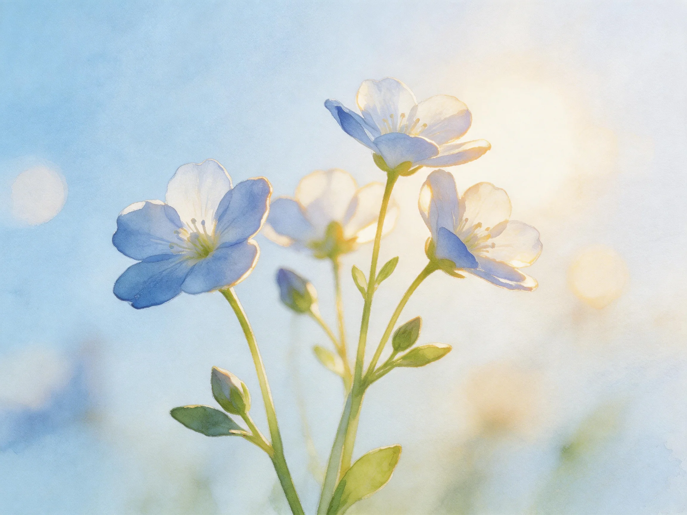 Delicate pale blue flowers bathed in warm golden sunlight