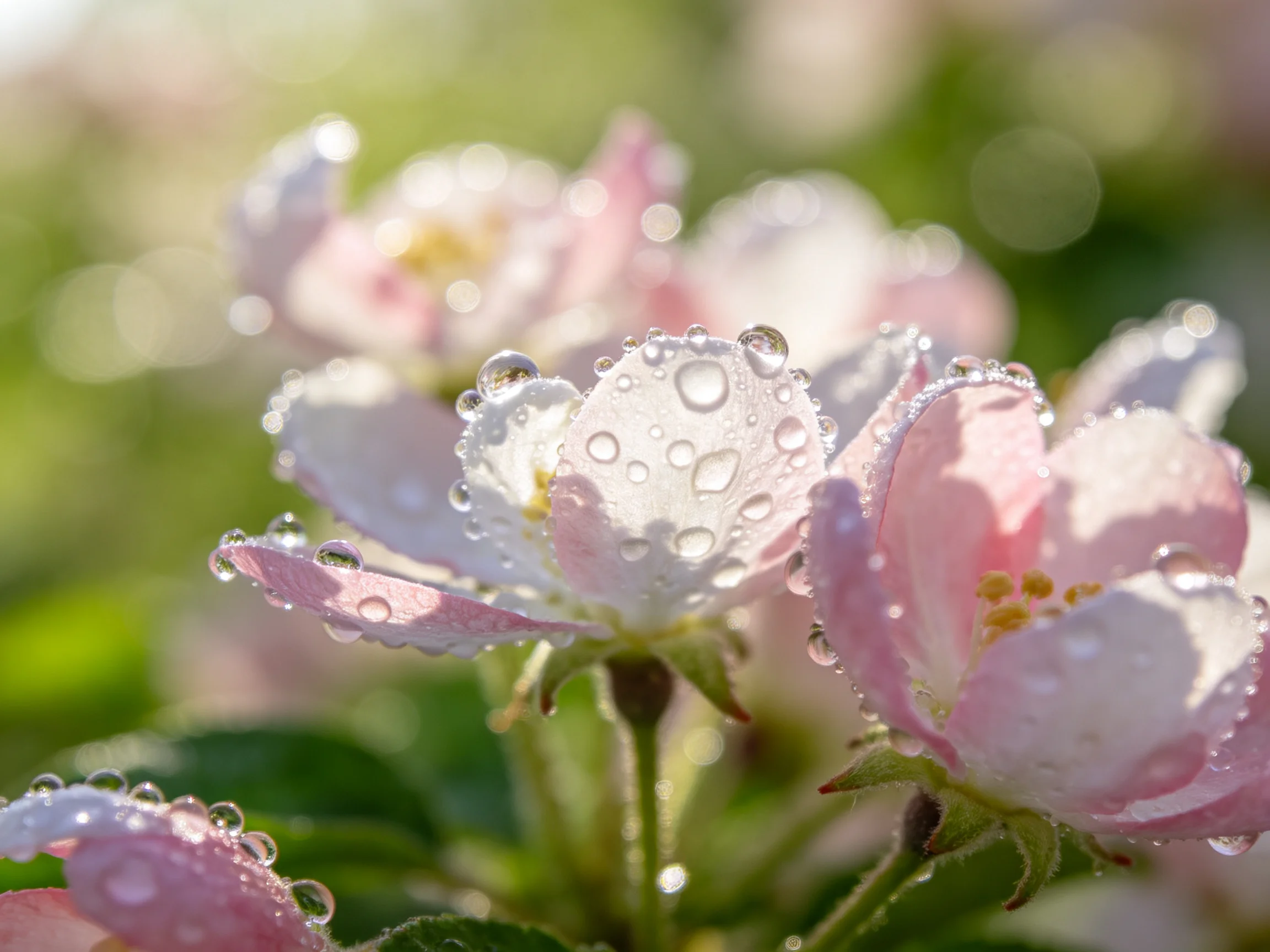 Delicate pink and white blossoms adorned with glistening dewdrops