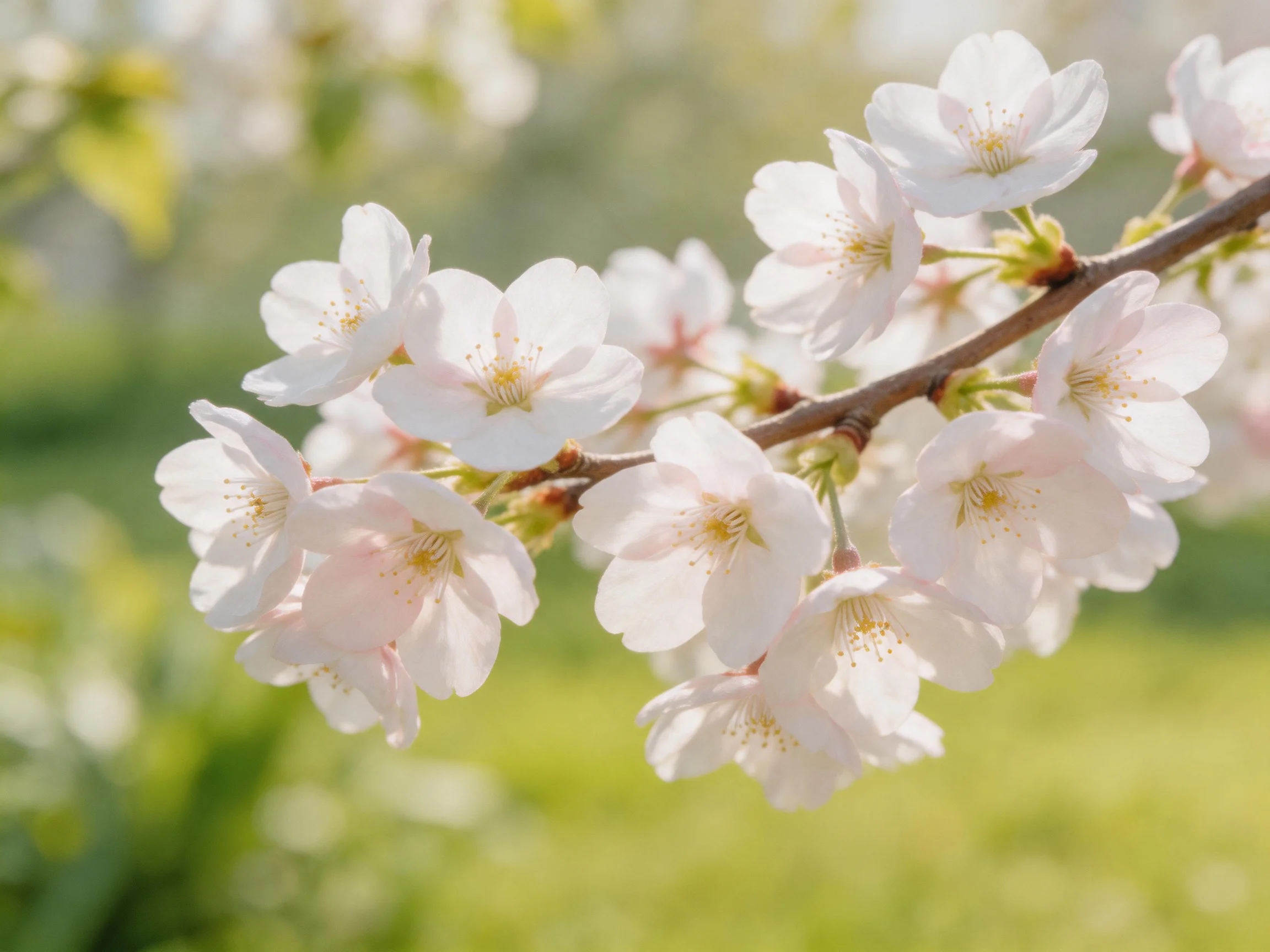 Delicate pink and white cherry blossoms clustered on a slender branch