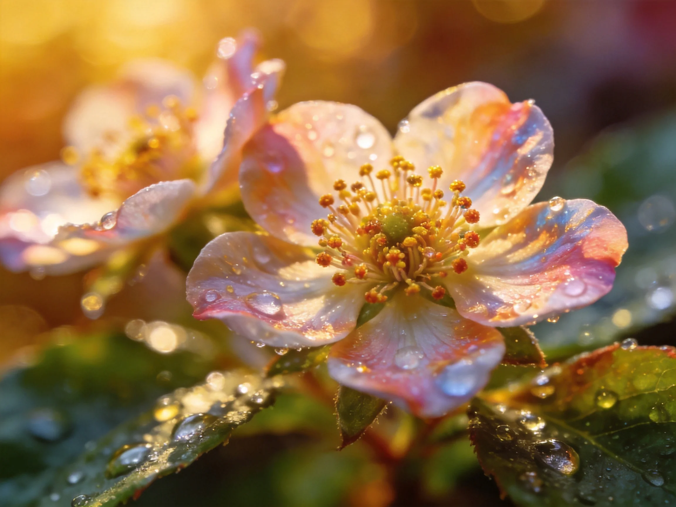 Delicate pink and white flowers with glistening water droplets