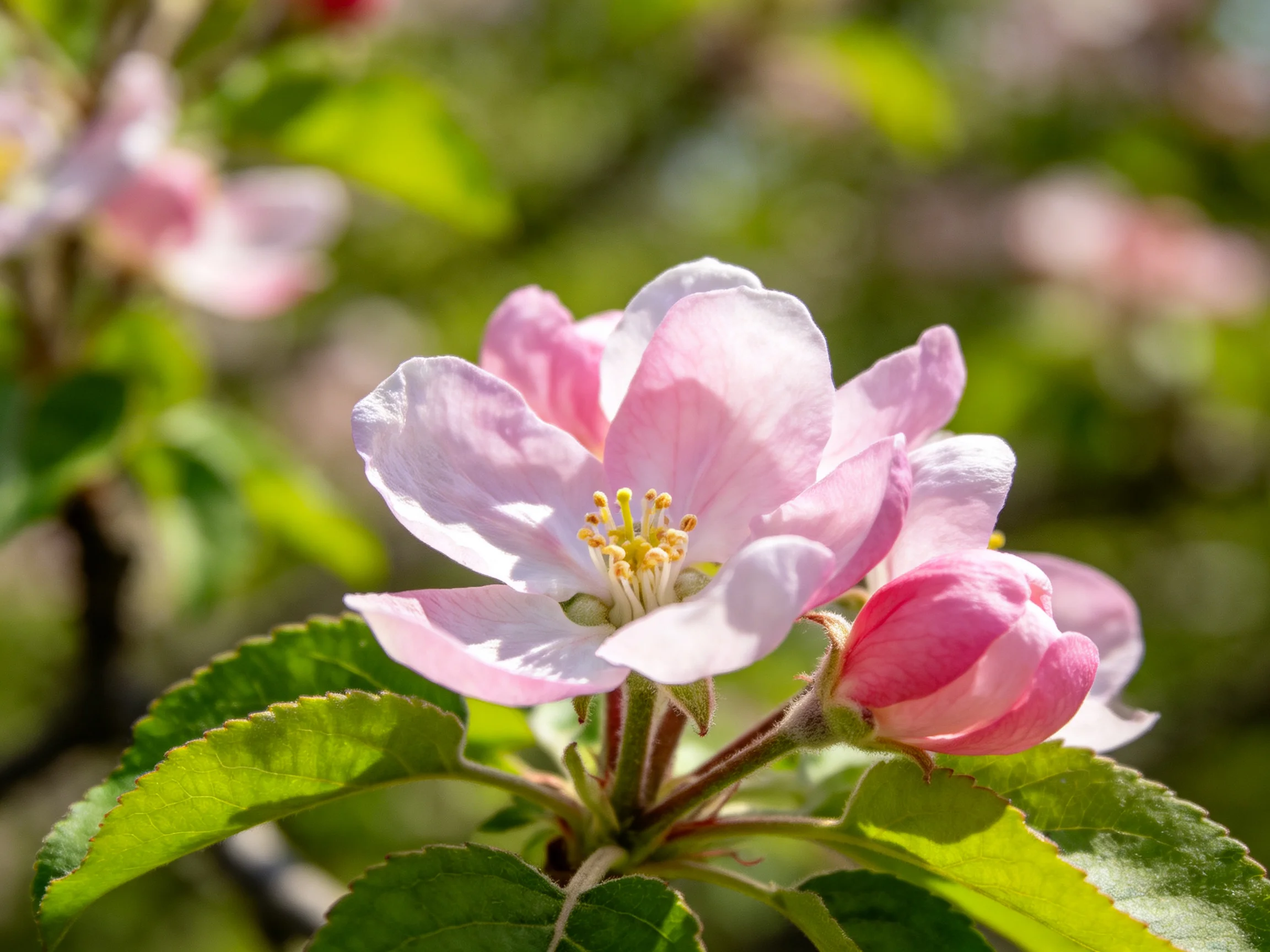 Delicate pink apple blossoms bloom among lush green foliage