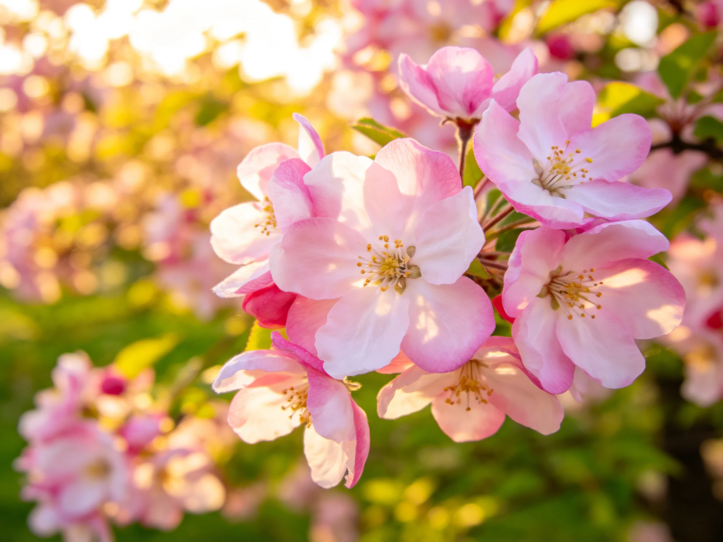Delicate pink blossoms bloom in sunlit garden
