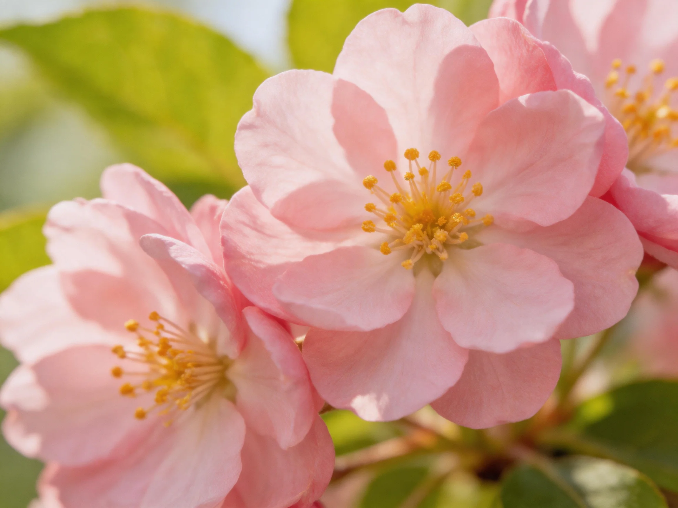 Delicate pink blossoms with golden stamens amid green foliage