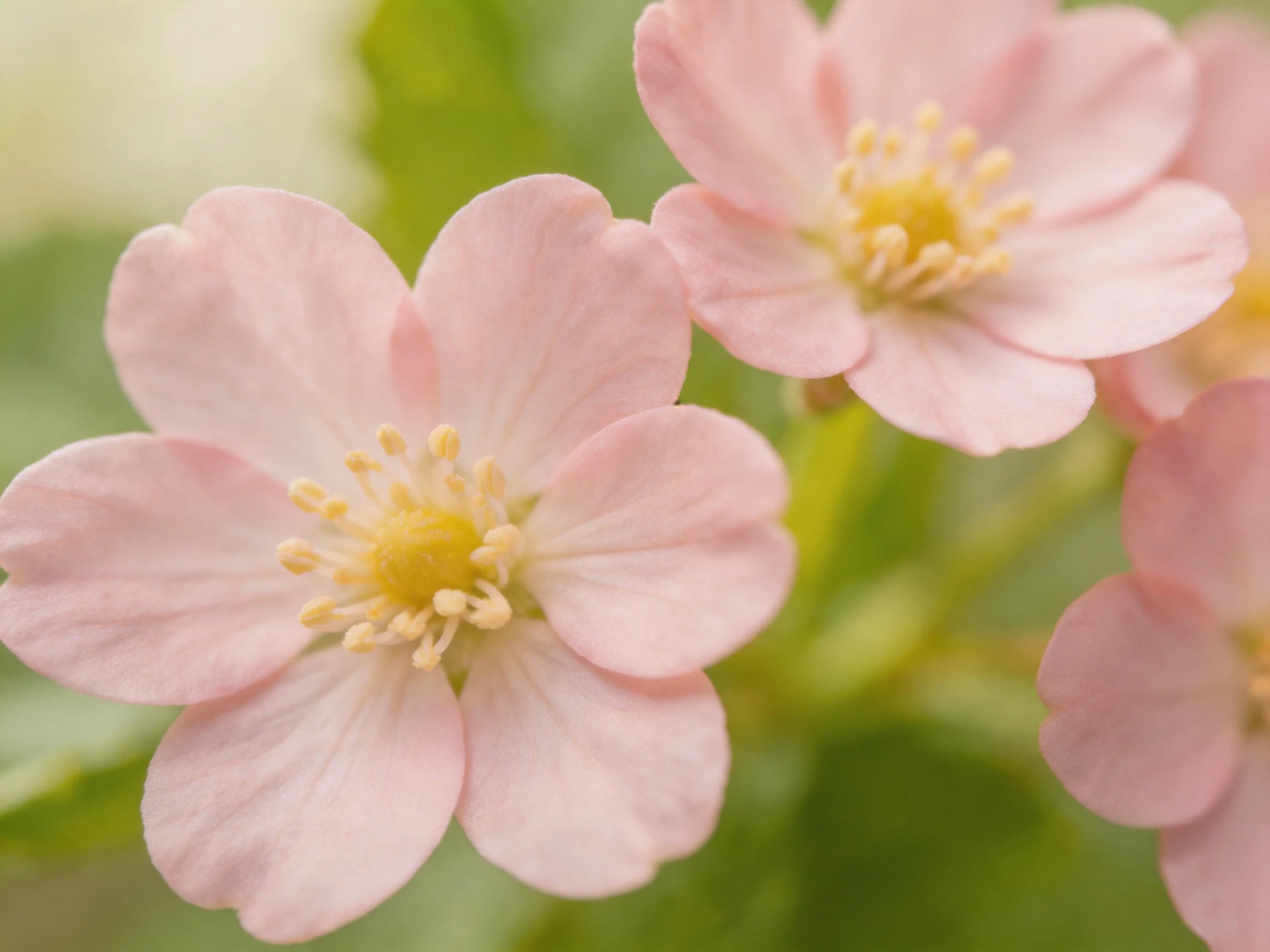 Delicate pink blossoms with yellow centers amidst soft green foliage