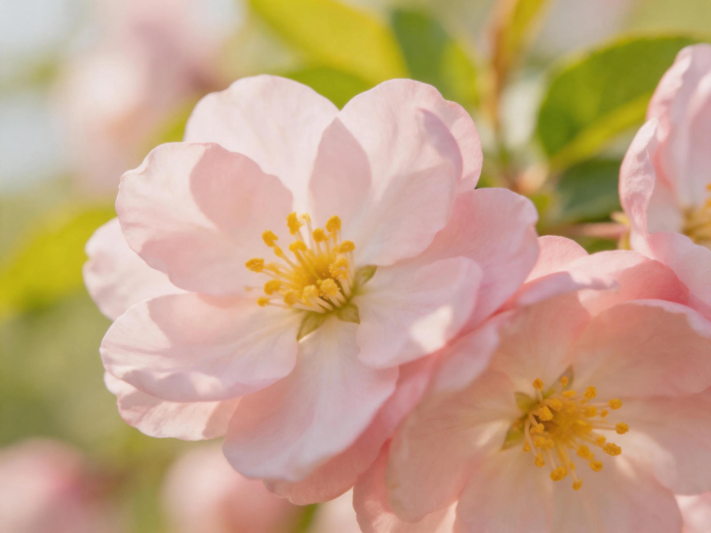 Delicate pink blossoms with yellow stamens amidst green foliage