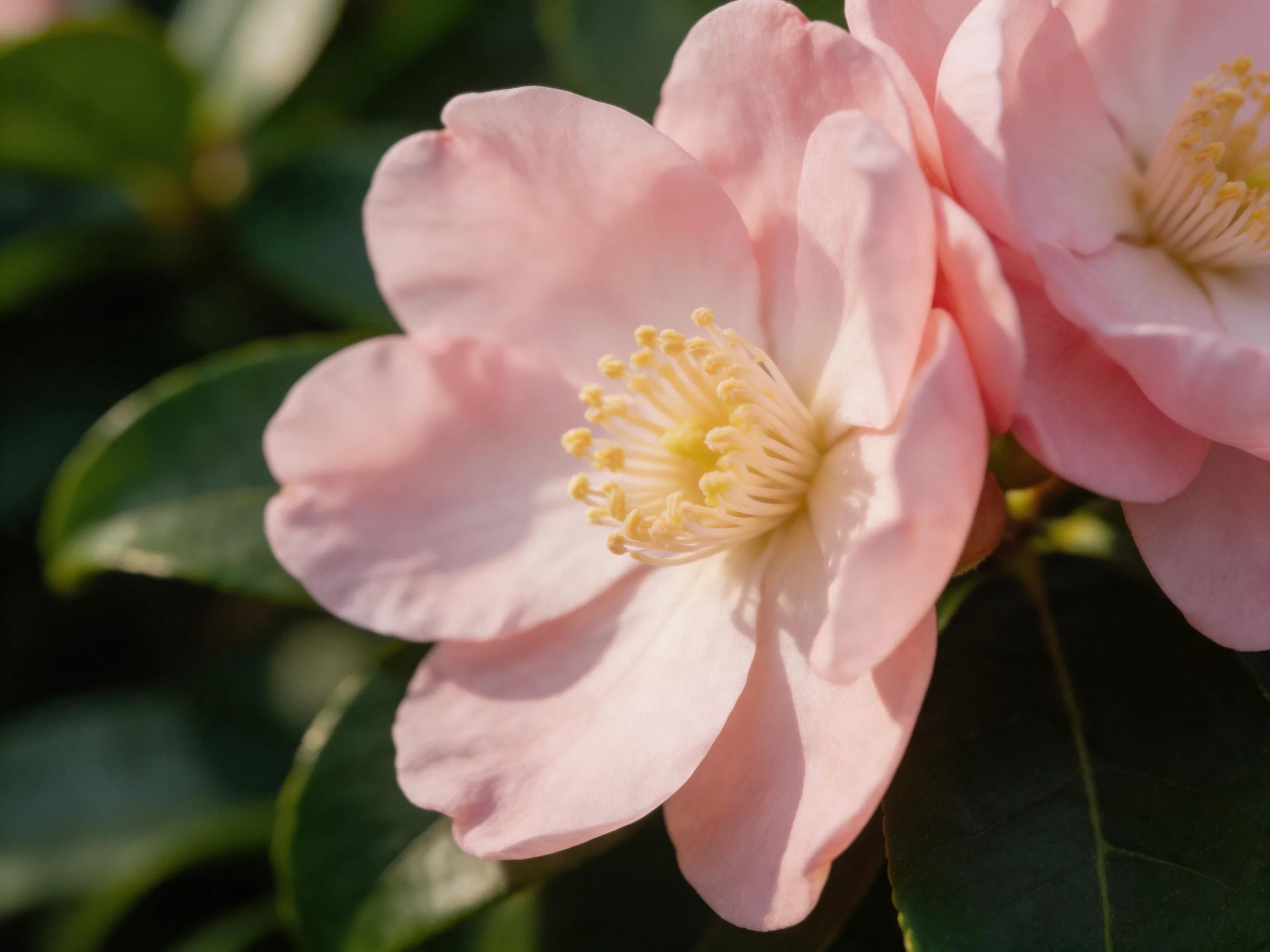 Delicate pink camellia blooms with yellow stamens amid dark green leaves