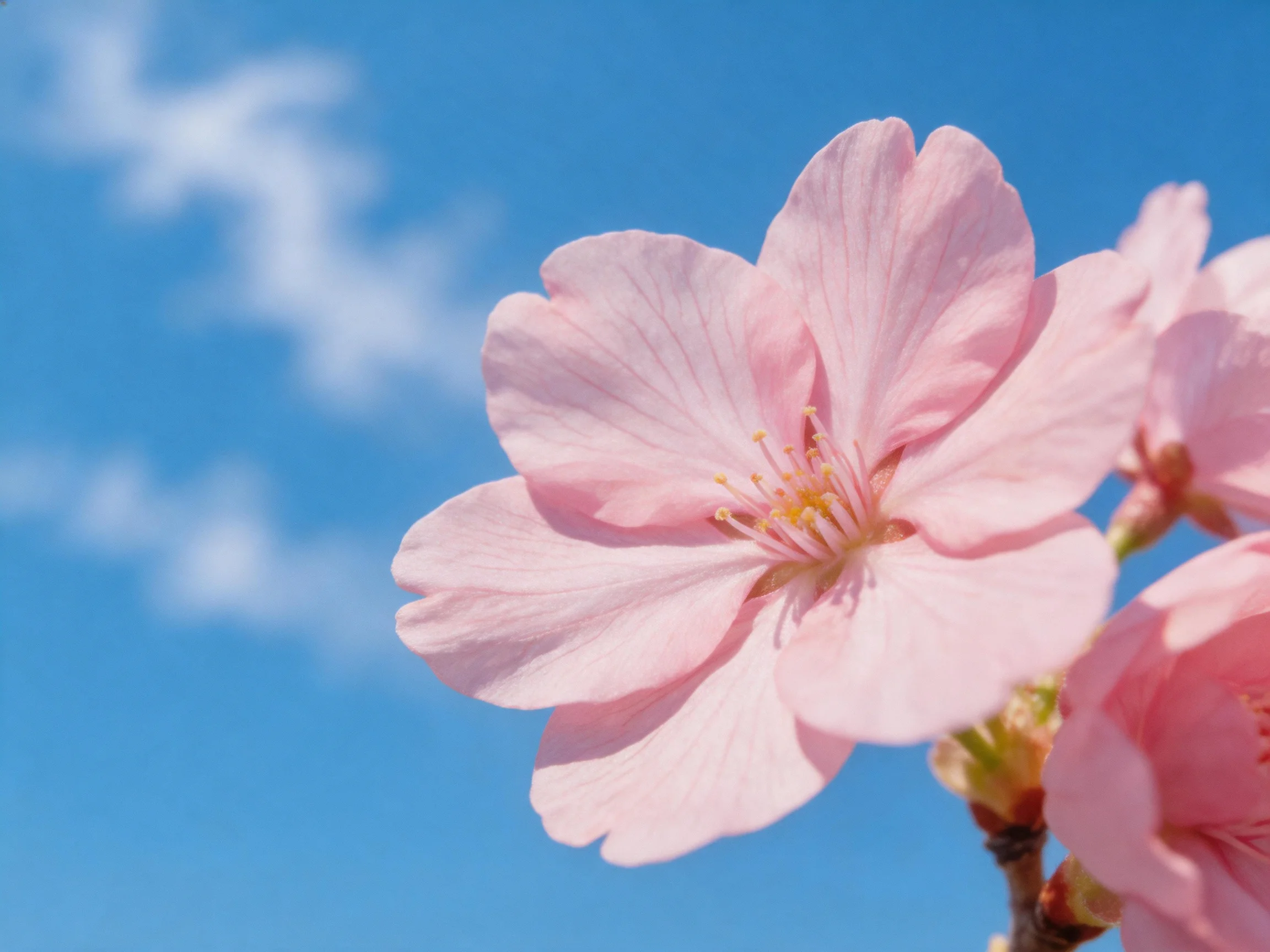 Delicate pink cherry blossom blooms against a clear blue sky