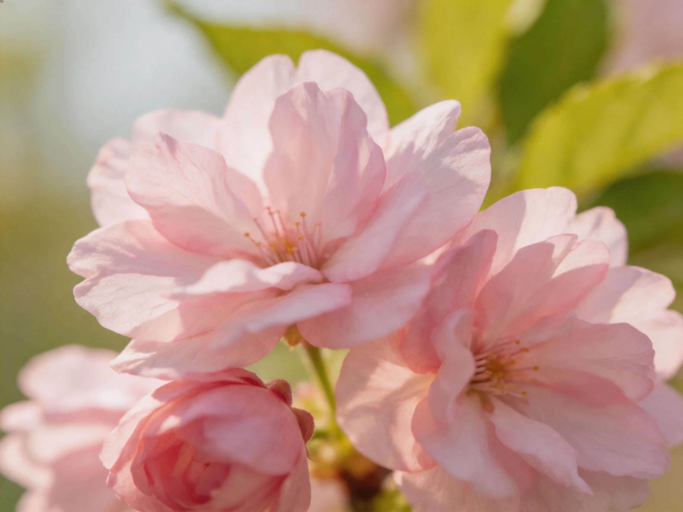 Delicate pink cherry blossom blooms and buds with green foliage in soft daylight