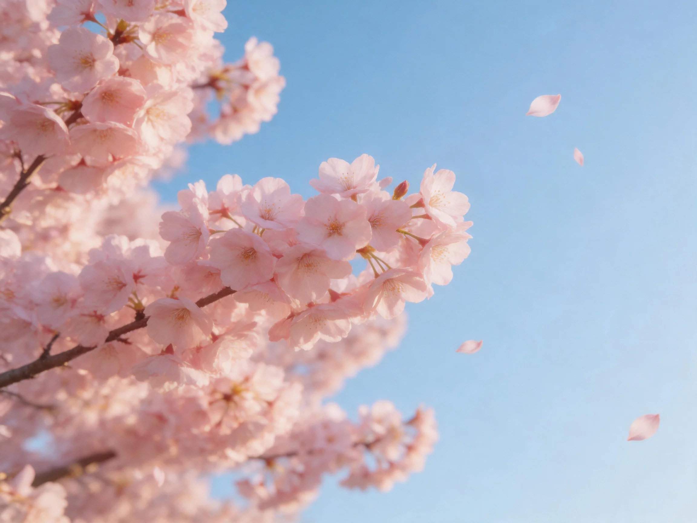 Delicate pink cherry blossom branches against clear blue sky