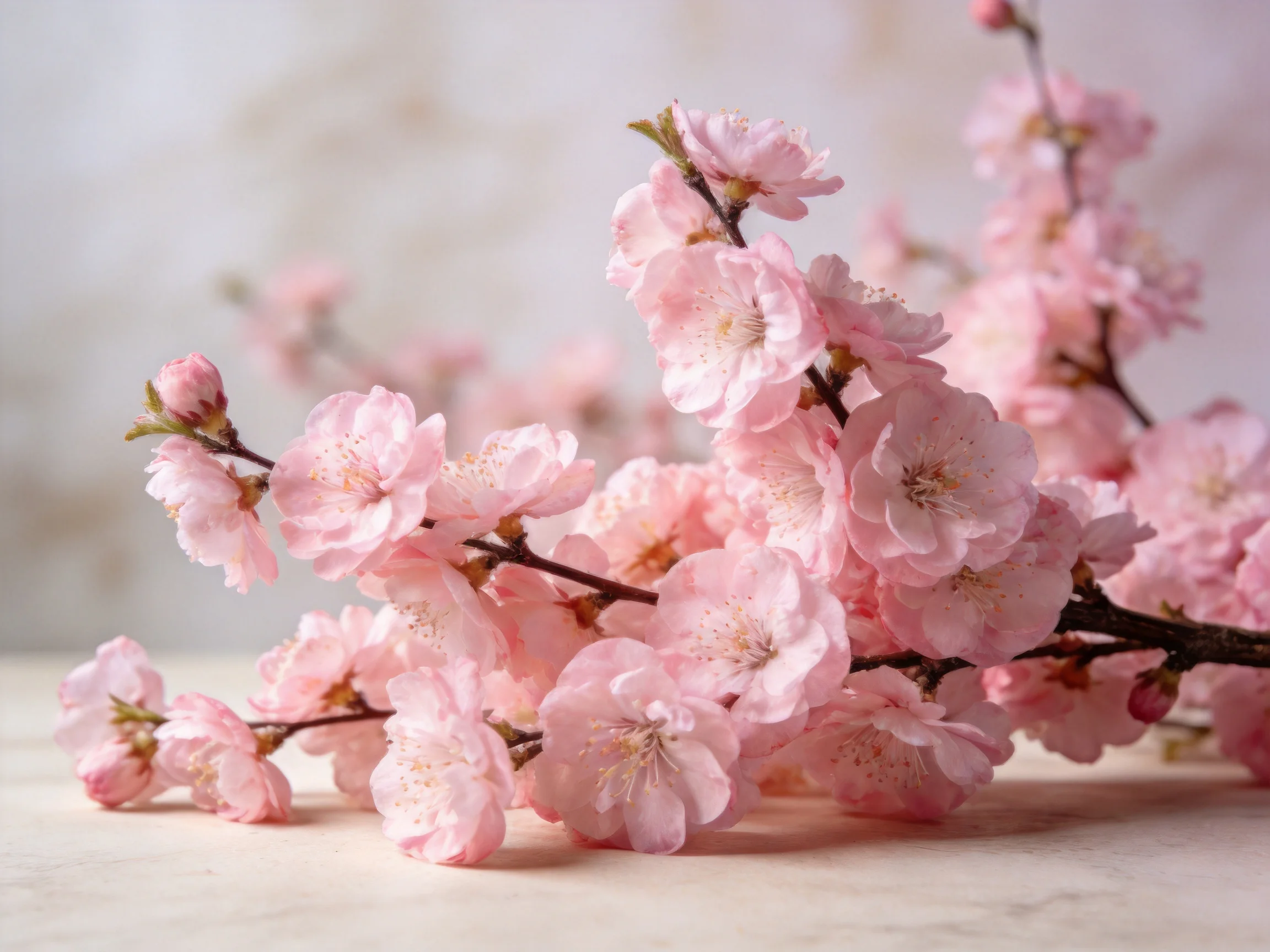 Delicate pink cherry blossom branches arranged on a smooth surface