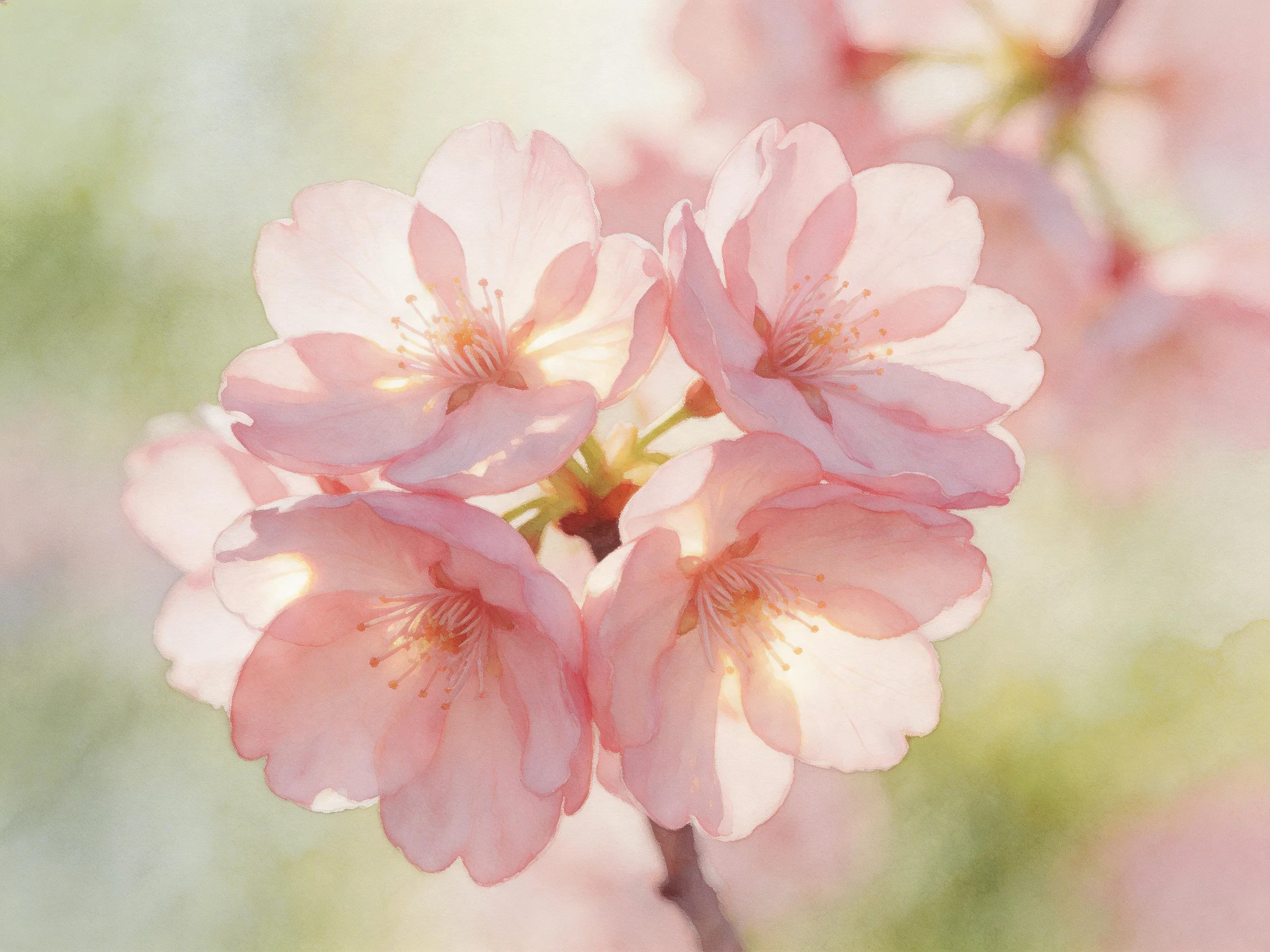 Delicate pink cherry blossom cluster with soft pastel backdrop