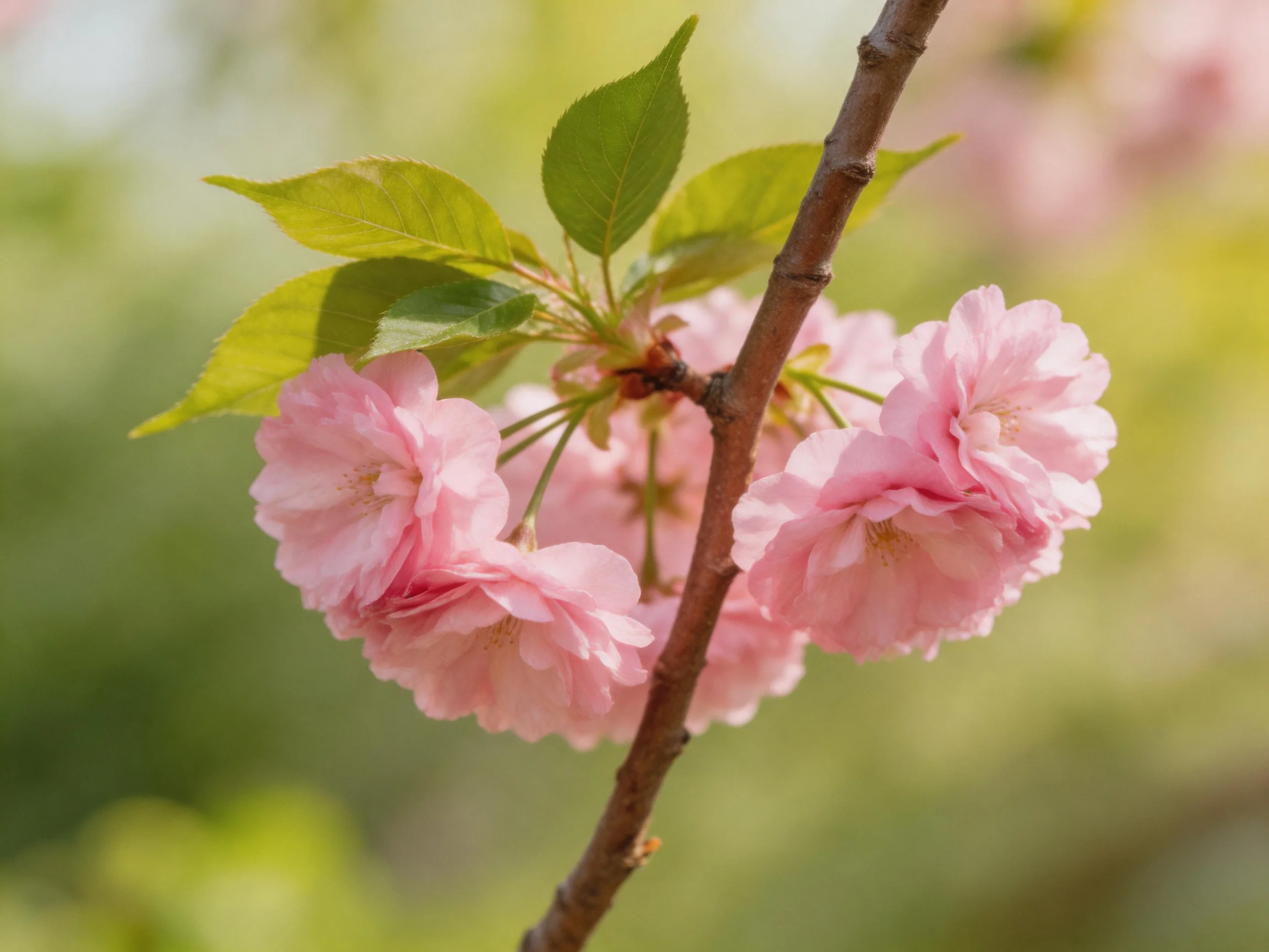 Delicate pink cherry blossom clusters bloom on a brown branch with green leaves