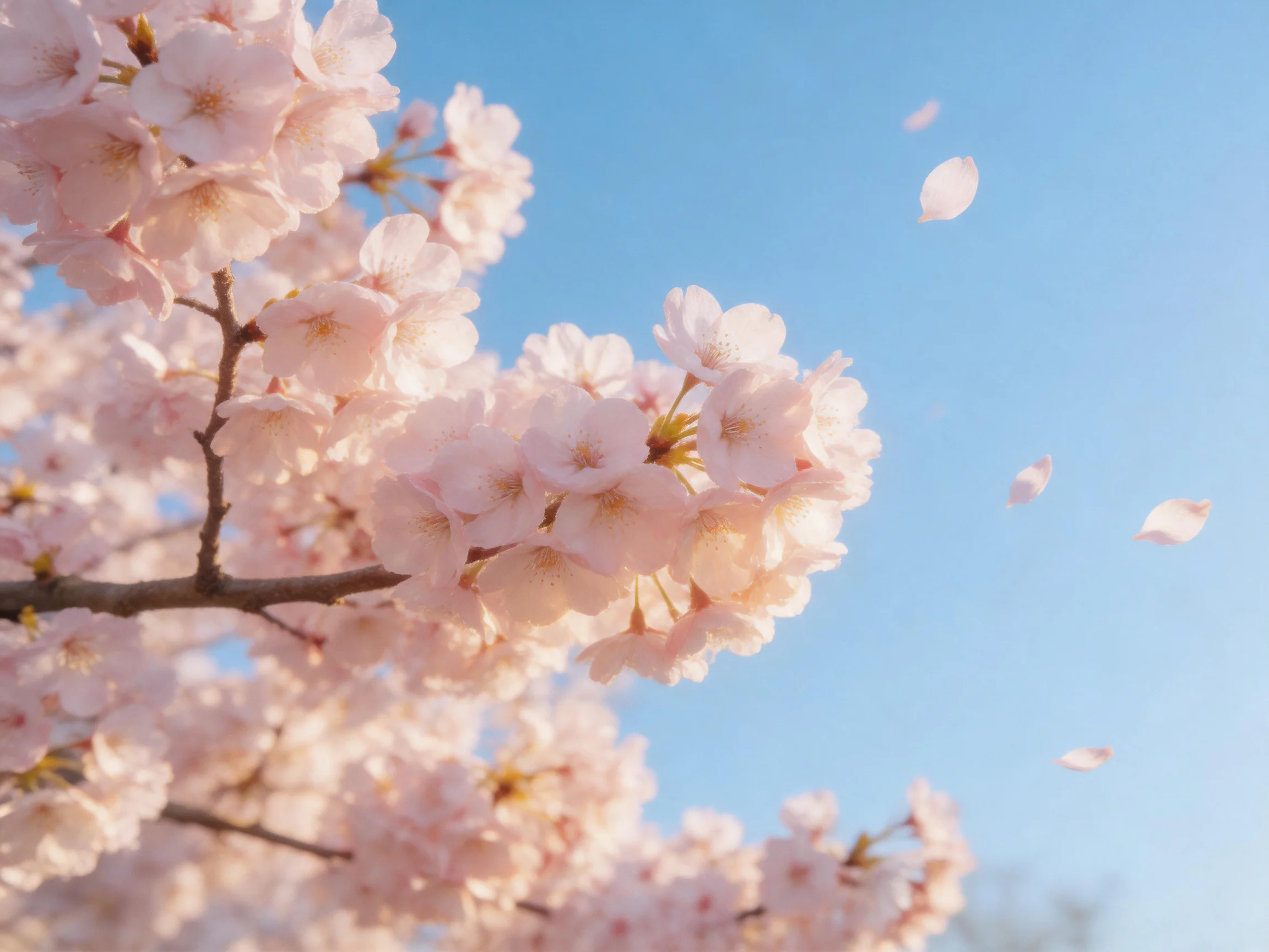 Delicate pink cherry blossom clusters with falling petals under bright blue sky
