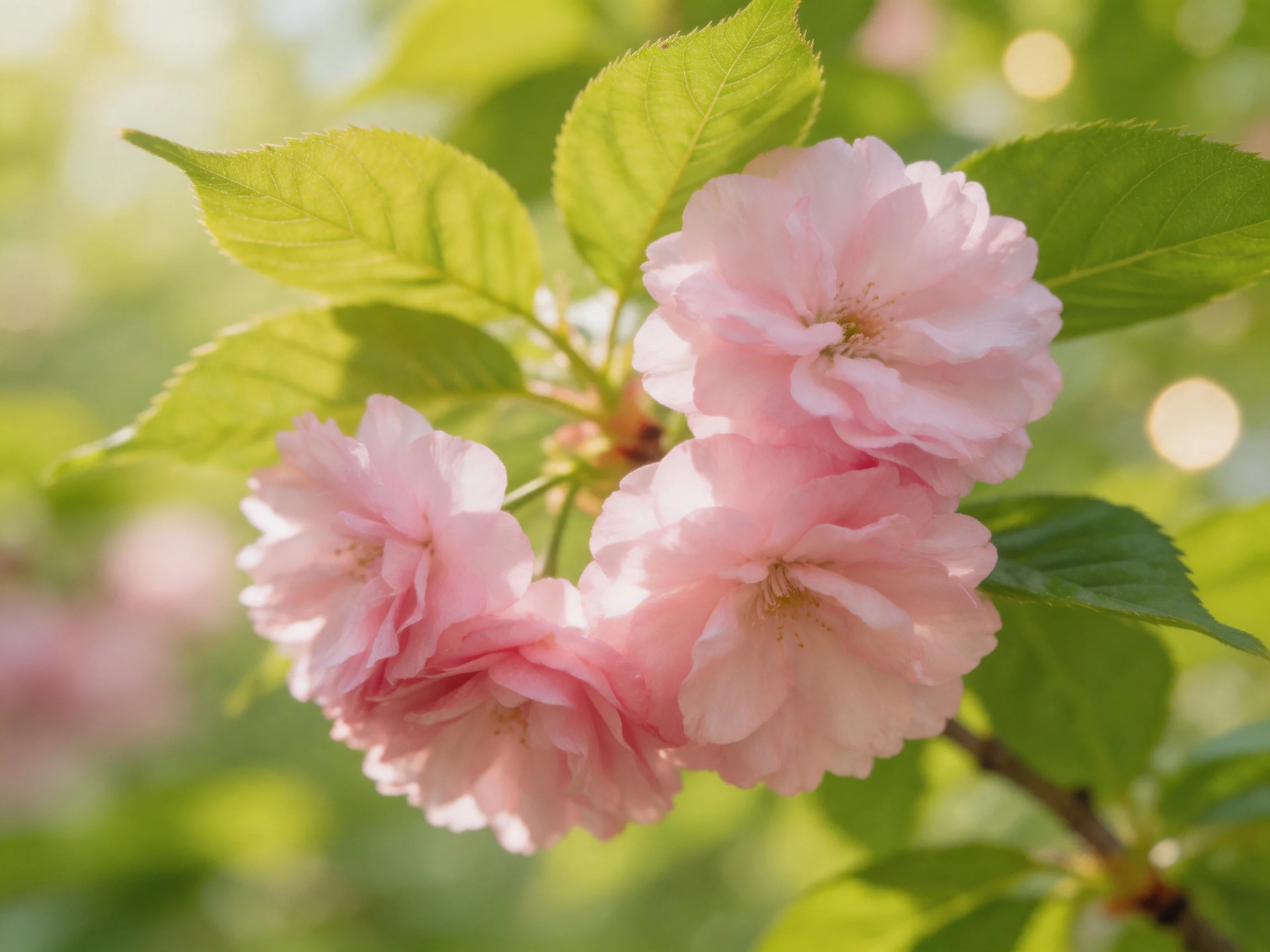 Delicate pink cherry blossom clusters with vibrant green foliage