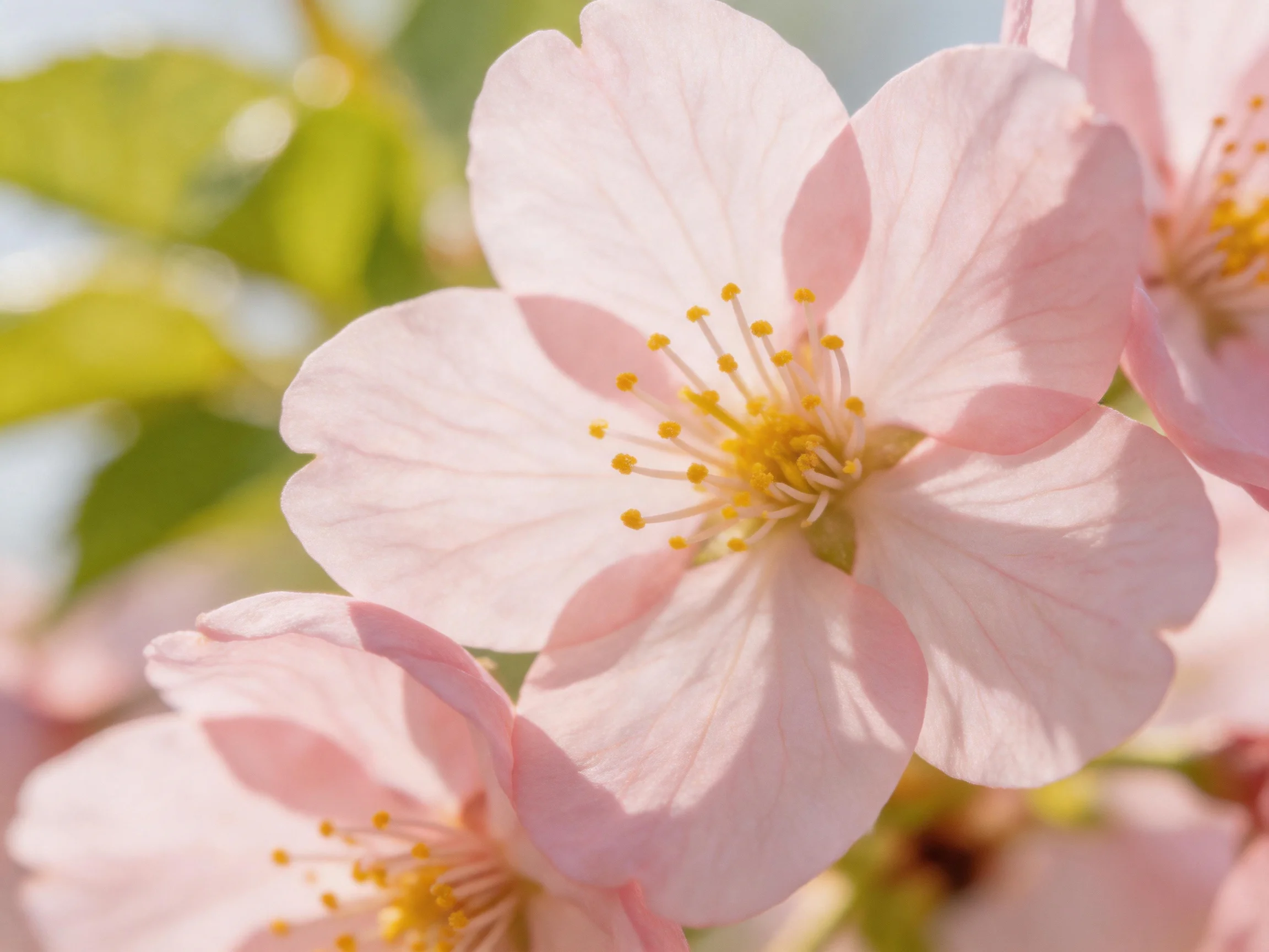 Delicate pink cherry blossom flowers with bright yellow stamens and soft green foliage