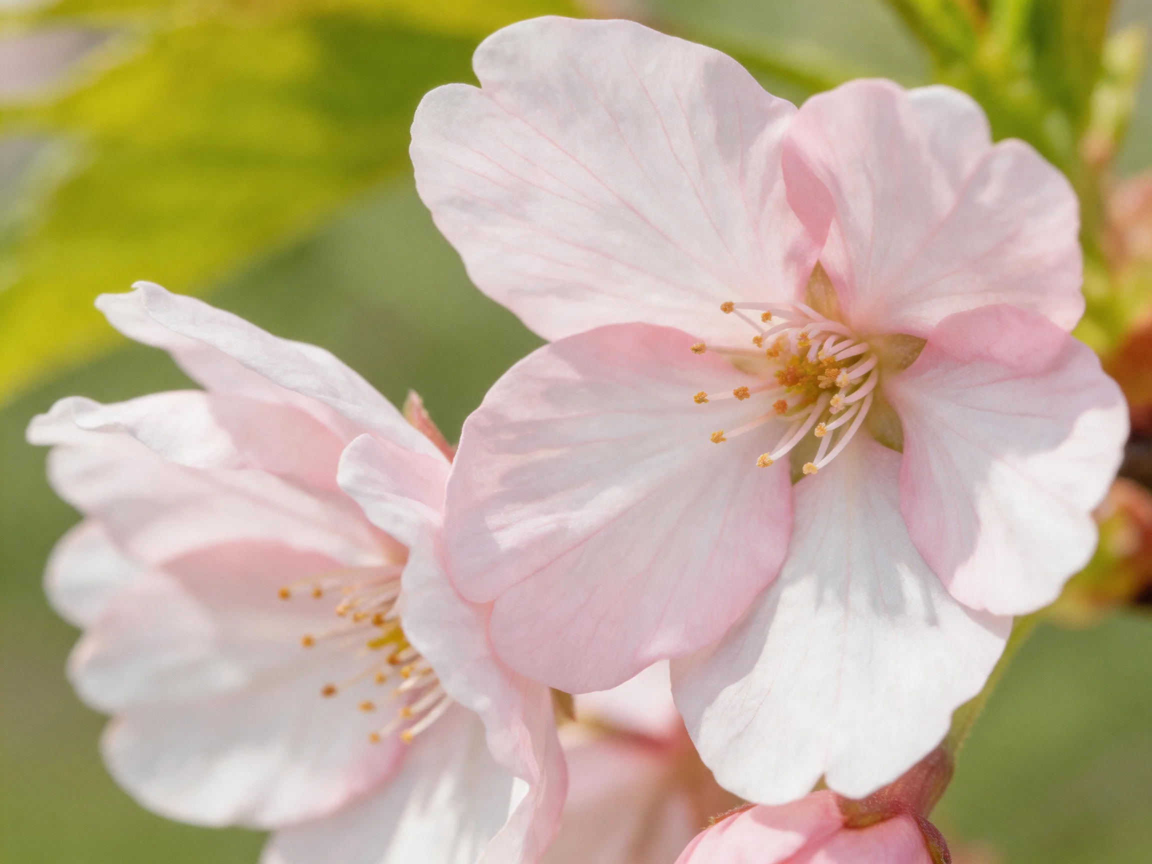 Delicate pink cherry blossom flowers with soft petals and golden stamens