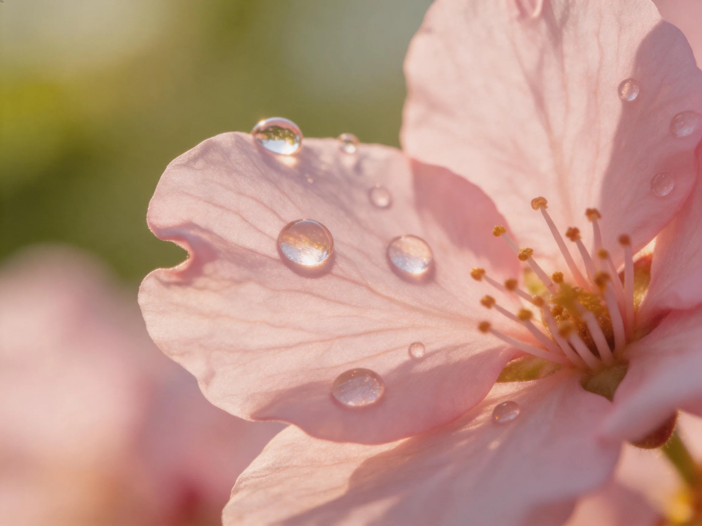 Delicate pink cherry blossom petals adorned with glistening water droplets