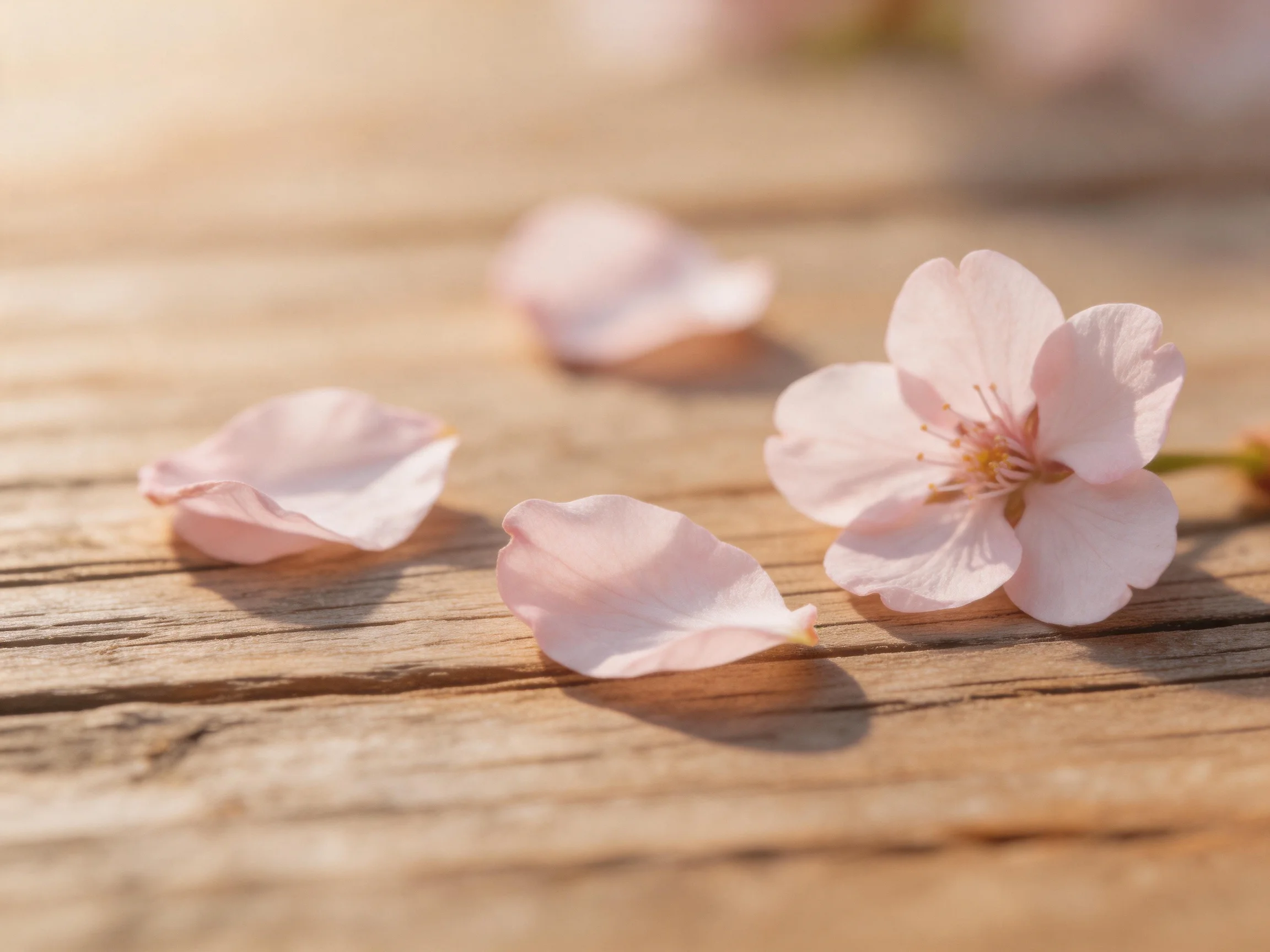 Delicate pink cherry blossom petals and flower on weathered wooden planks