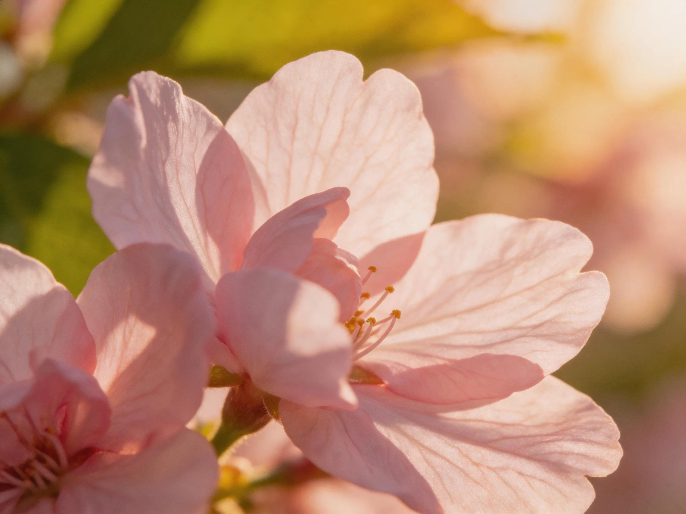 Delicate pink cherry blossom petals bathed in warm golden sunlight