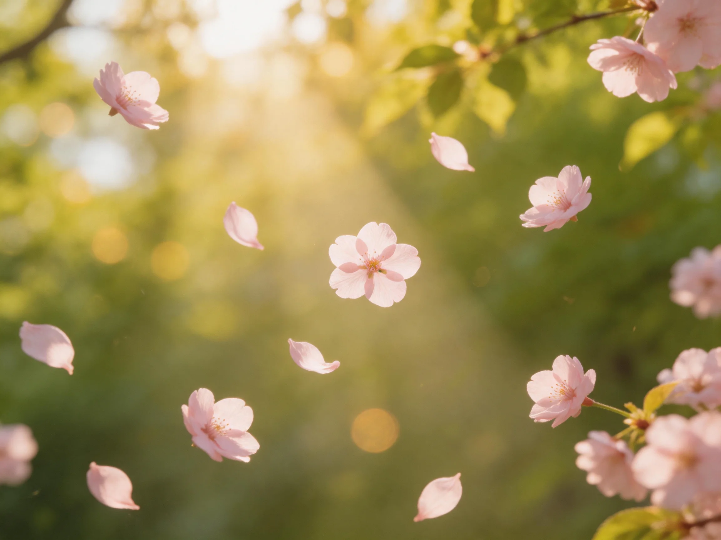 Delicate pink cherry blossom petals drift in golden sunlight