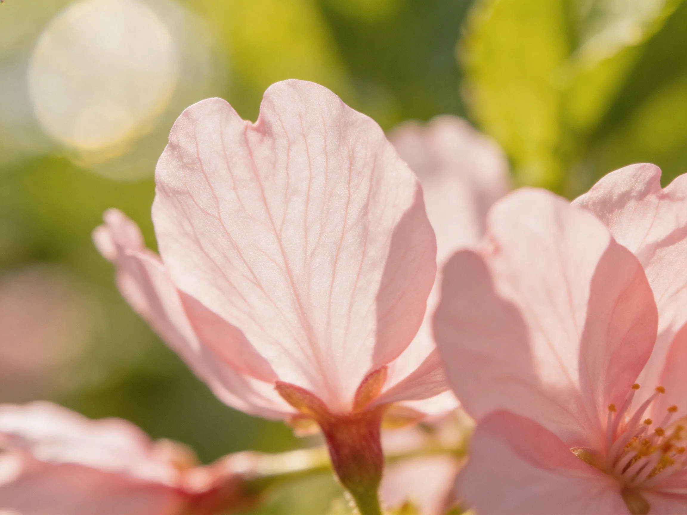 Delicate pink cherry blossom petals with soft green bokeh background