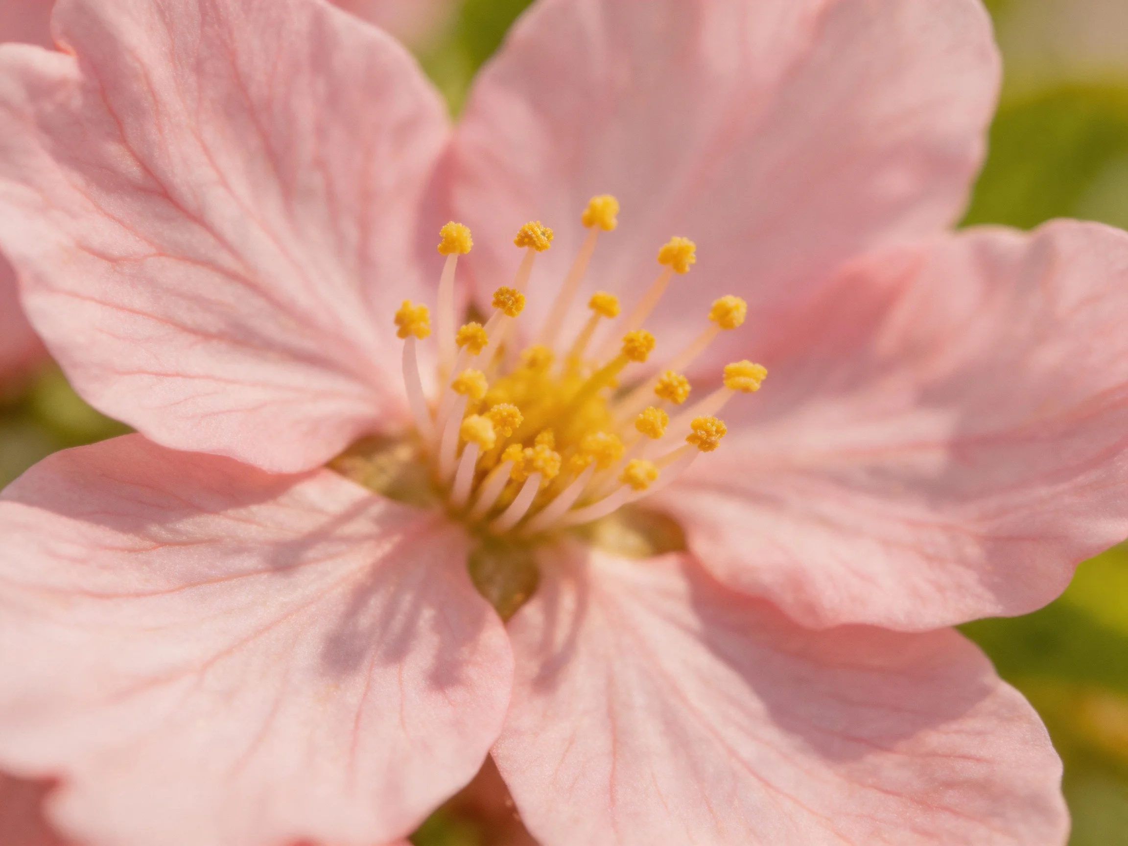 Delicate pink cherry blossom with golden stamens in soft focus