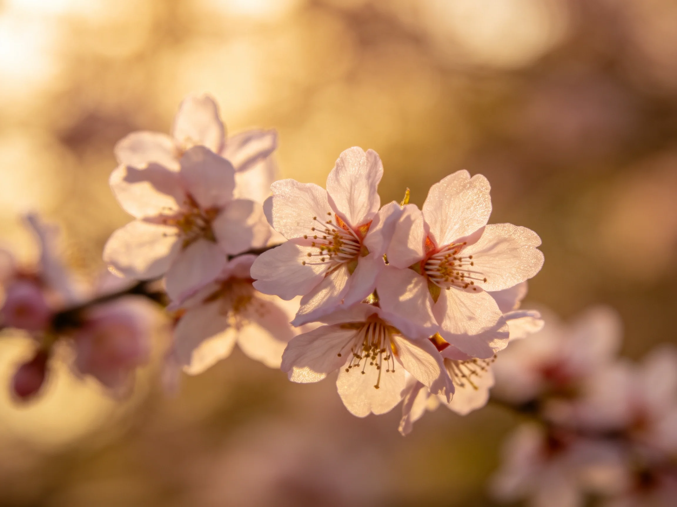 Delicate pink cherry blossoms bathed in warm golden light