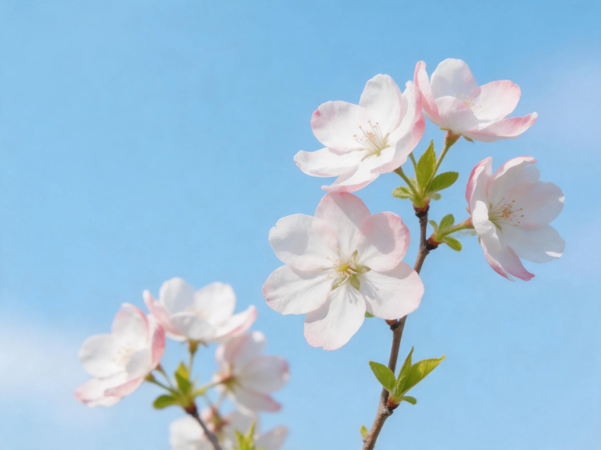 Delicate pink cherry blossoms bloom against a clear blue sky