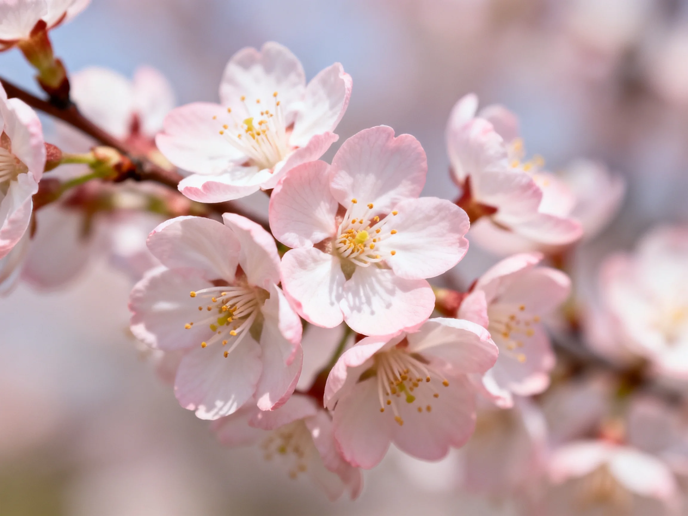 Delicate pink cherry blossoms bloom against a soft, blurred backdrop.