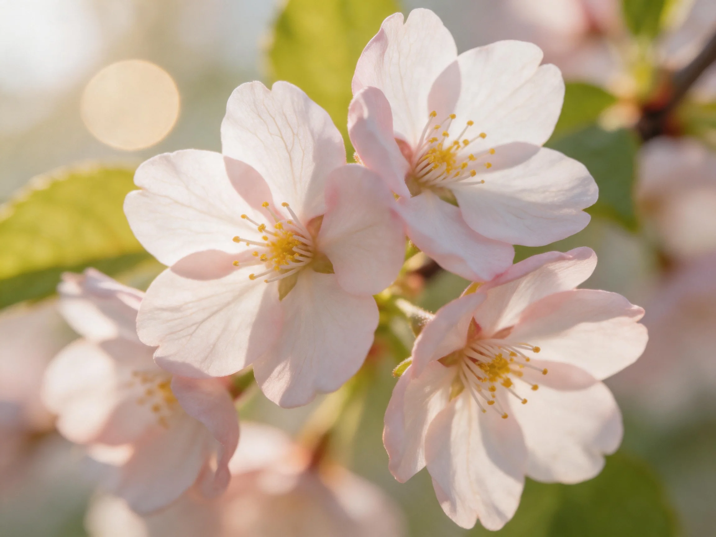 Delicate pink cherry blossoms bloom amid soft green foliage under gentle light