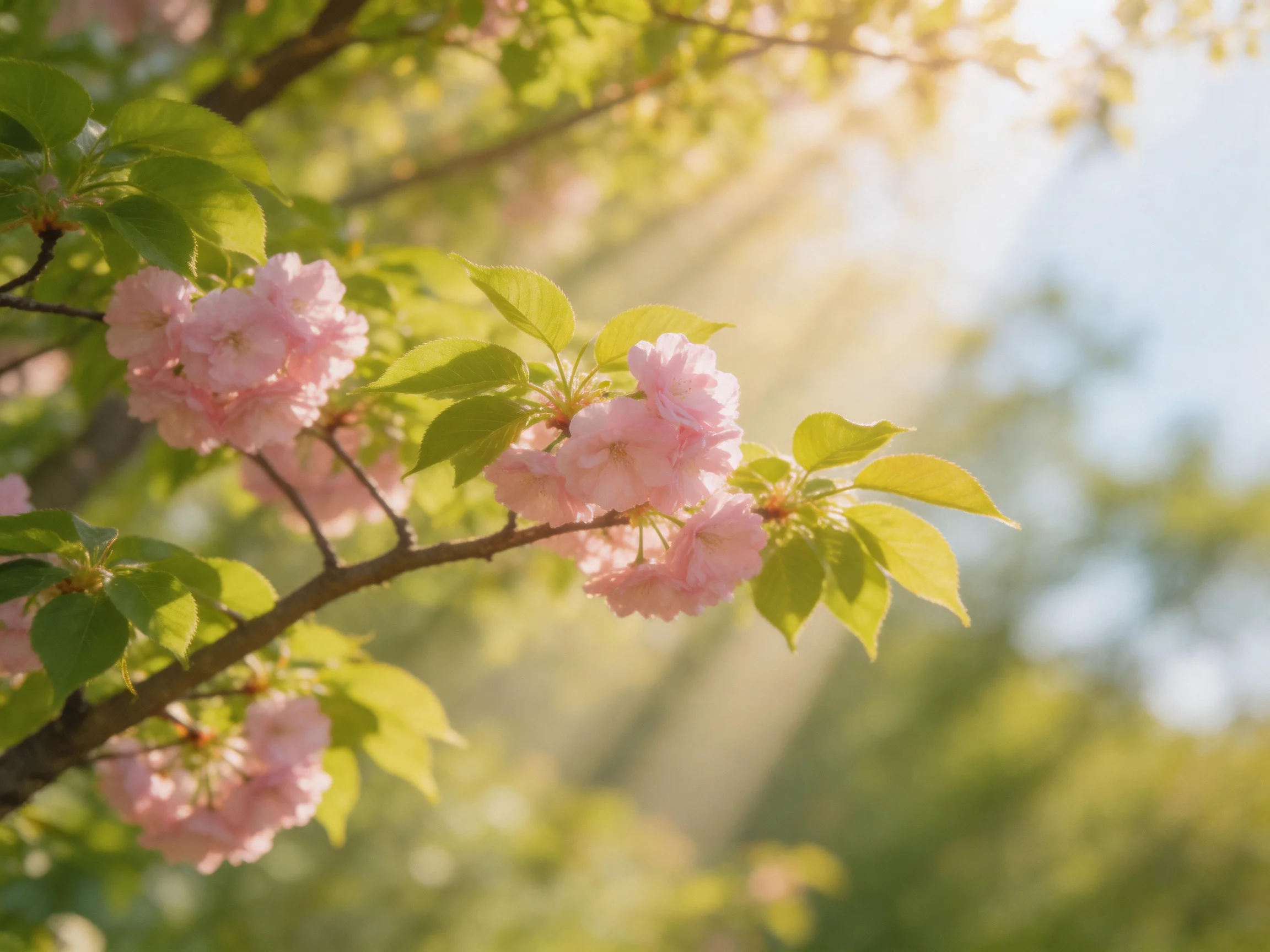 Delicate pink cherry blossoms bloom amid vibrant green foliage under golden sunlight