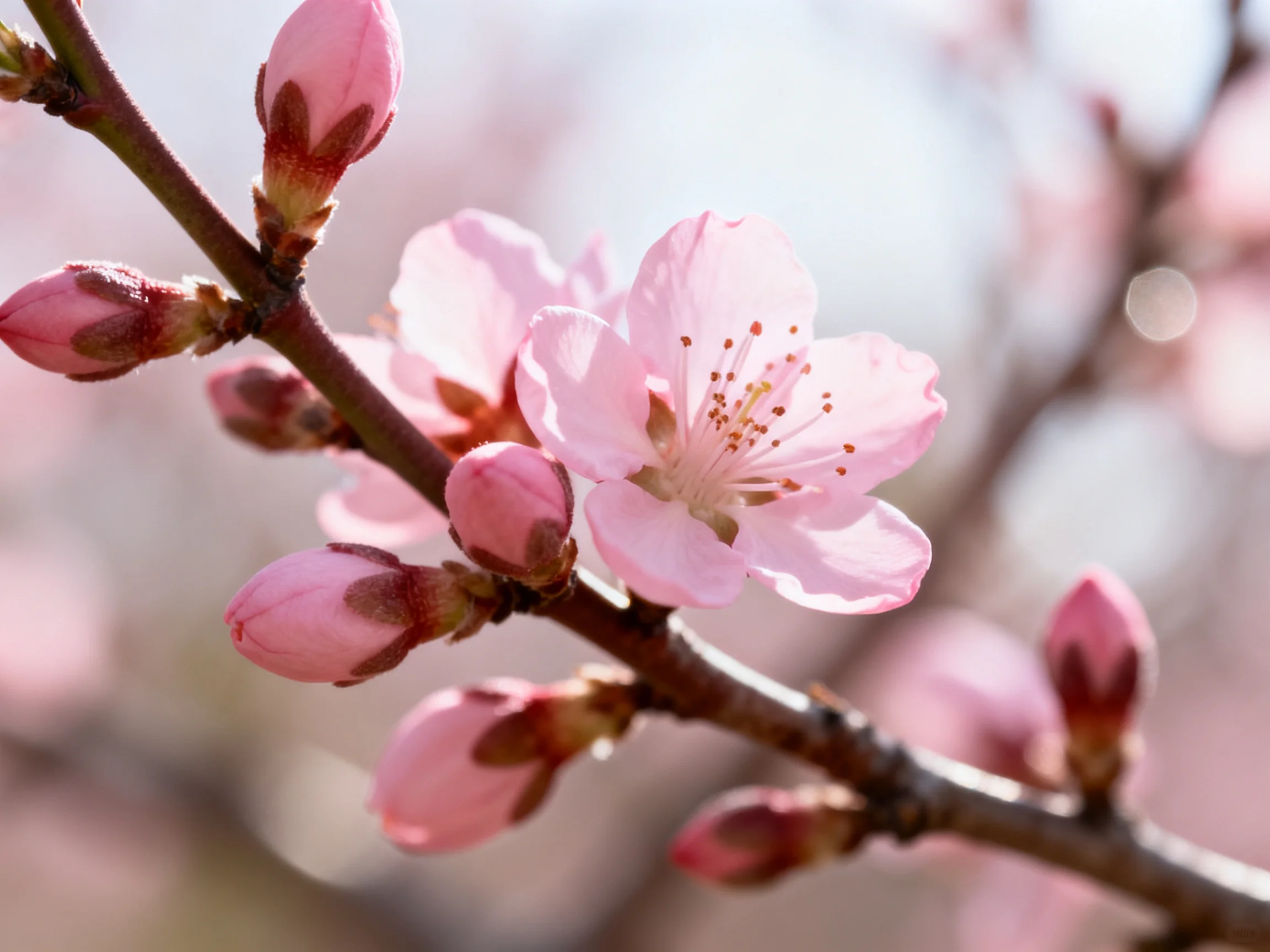 Delicate pink cherry blossoms bloom among closed buds on thin branches