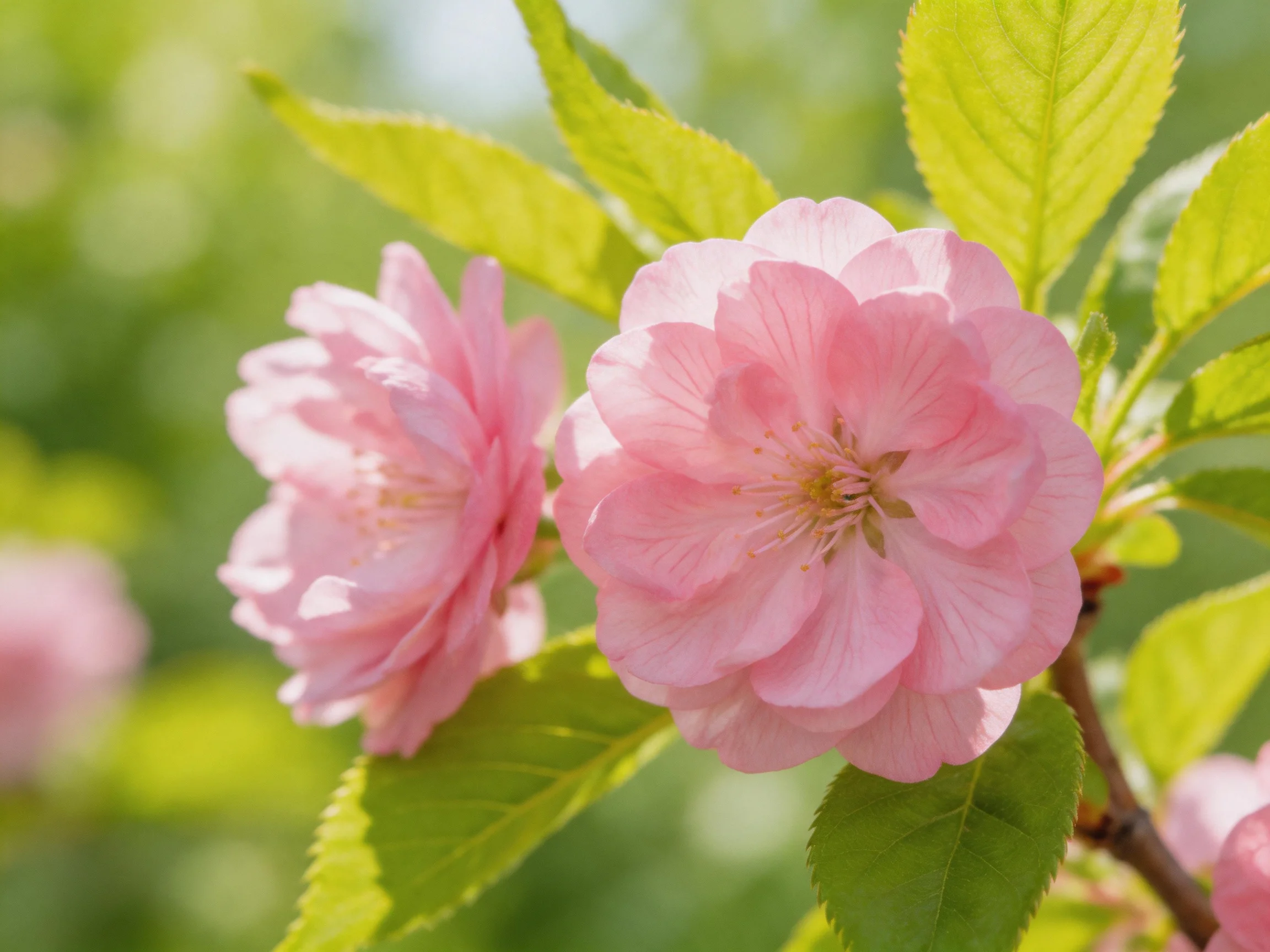Delicate pink cherry blossoms bloom among vibrant green leaves