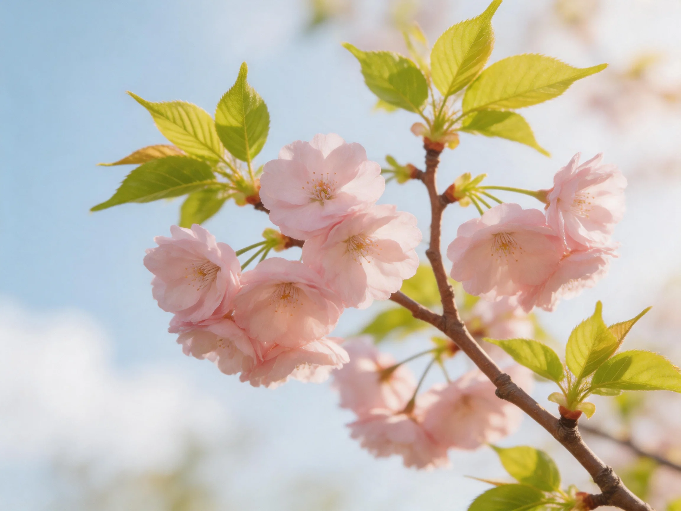Delicate pink cherry blossoms bloom among vibrant green leaves under clear blue sky
