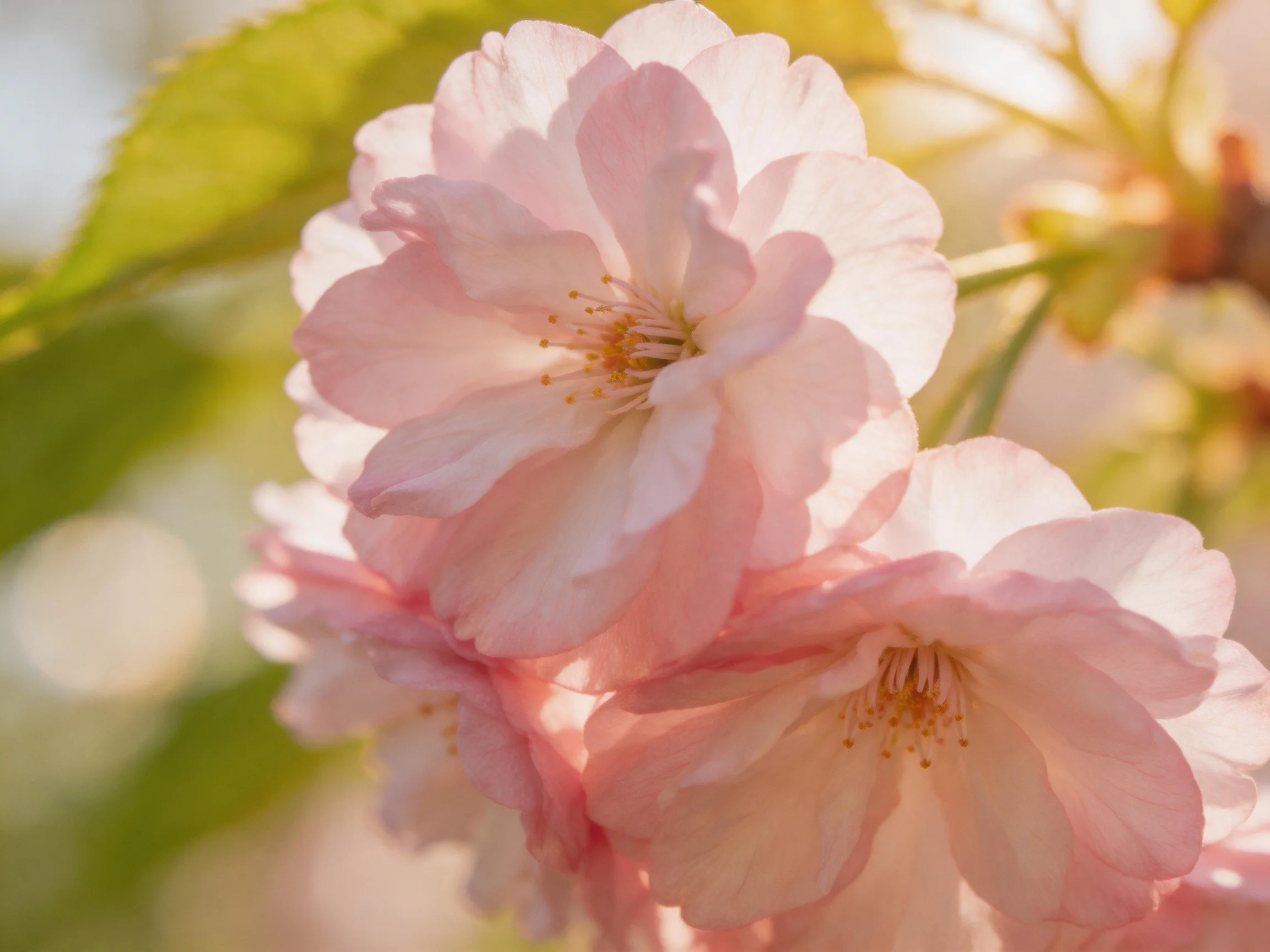 Delicate pink cherry blossoms bloom in soft sunlight with green leaves