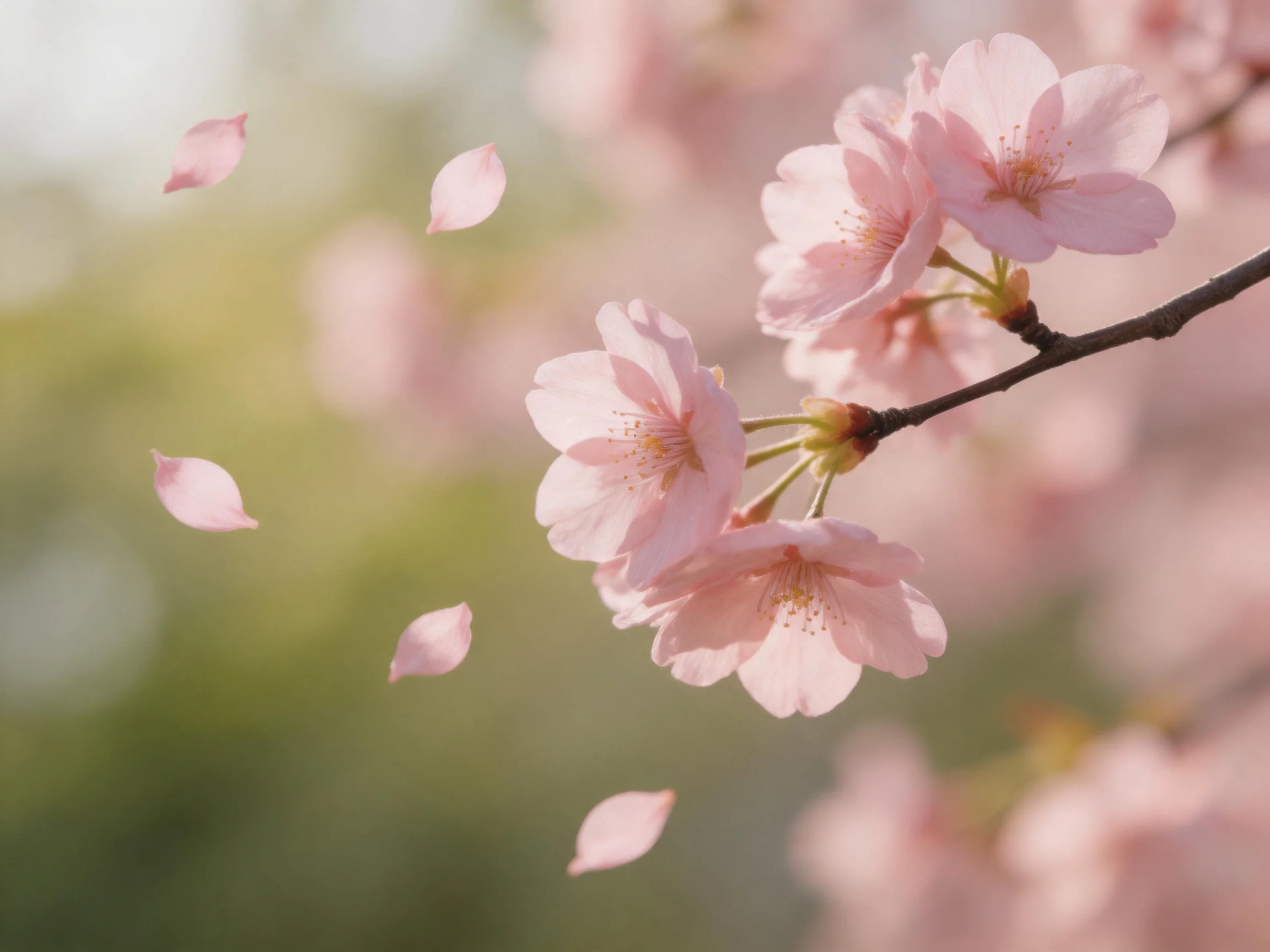 Delicate pink cherry blossoms bloom on a branch with falling petals