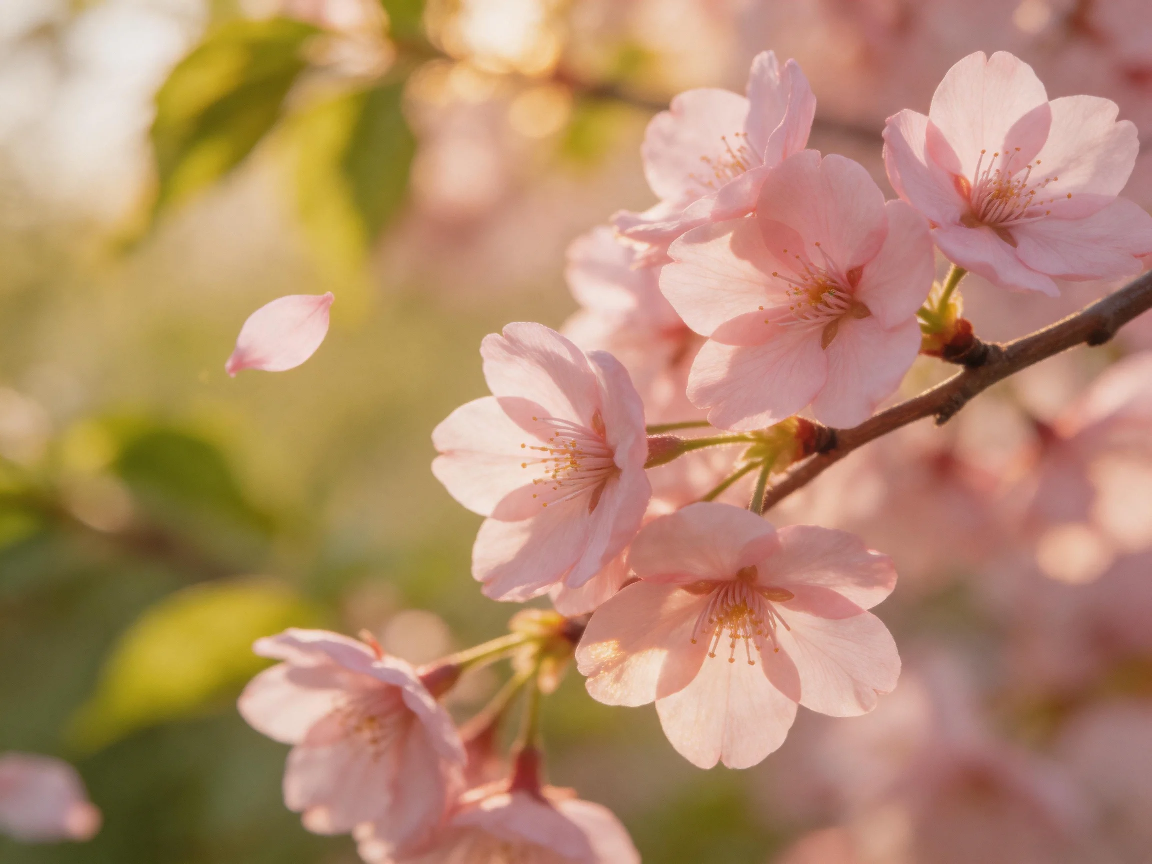Delicate pink cherry blossoms bloom on a branch with falling petals