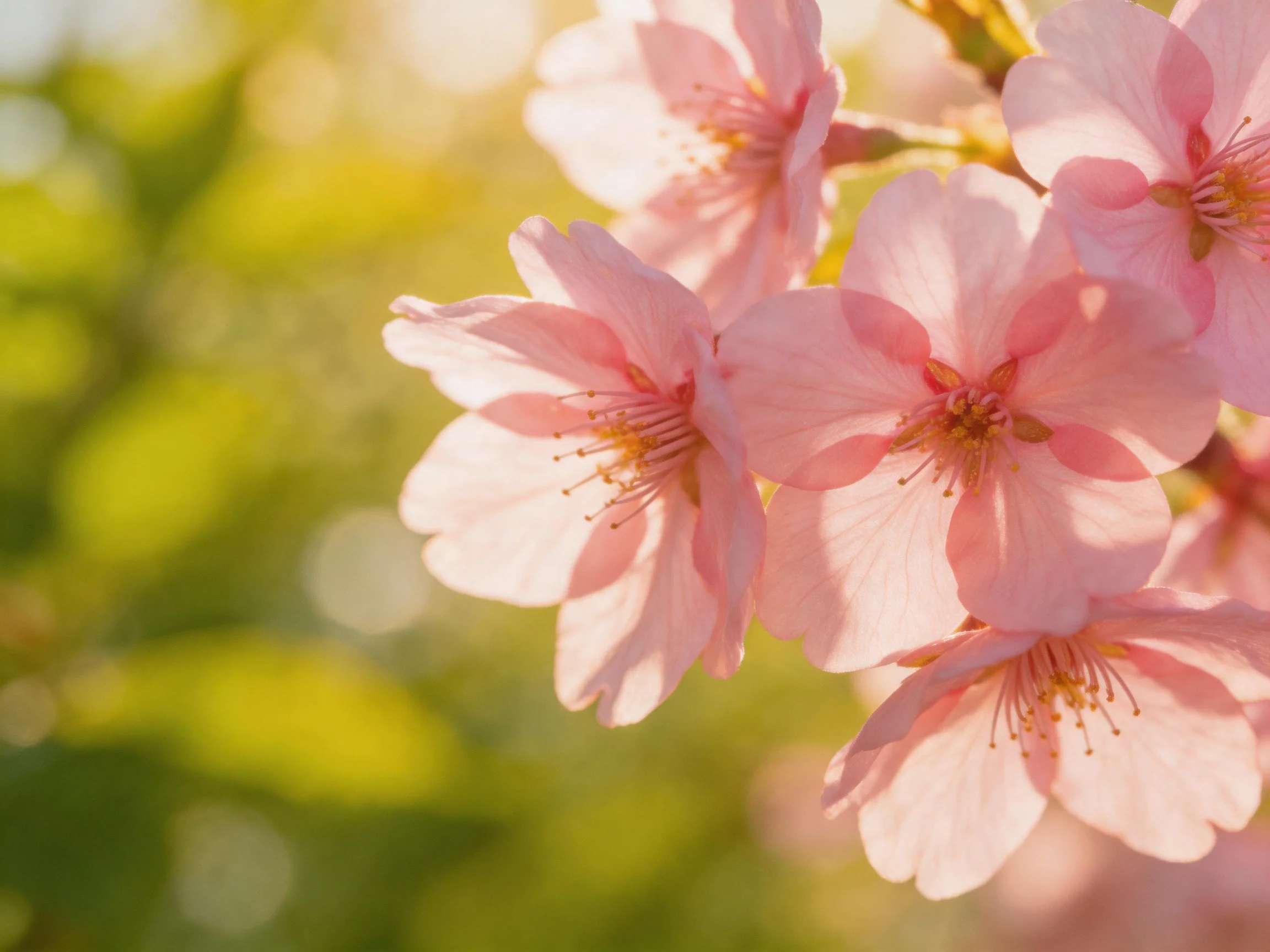 Delicate pink cherry blossoms bloom under soft green bokeh lighting