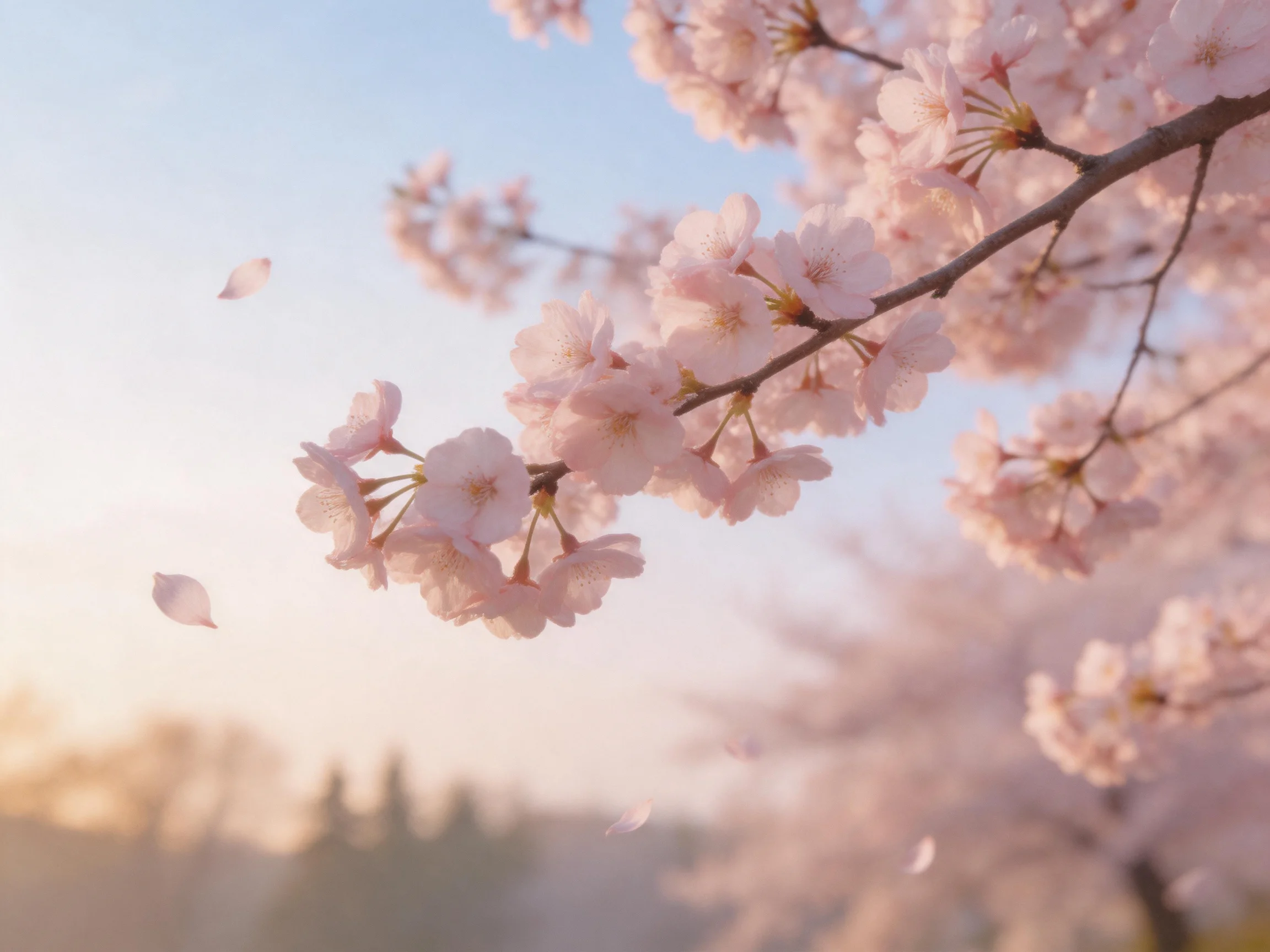Delicate pink cherry blossoms bloom with falling petals under a clear sky