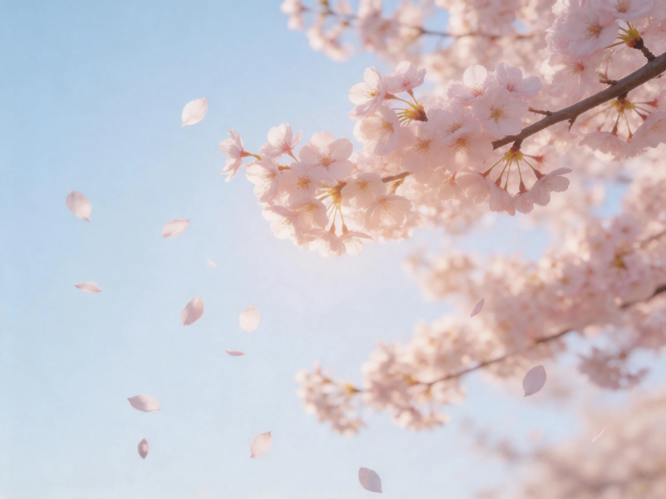 Delicate pink cherry blossoms with falling petals against clear blue sky