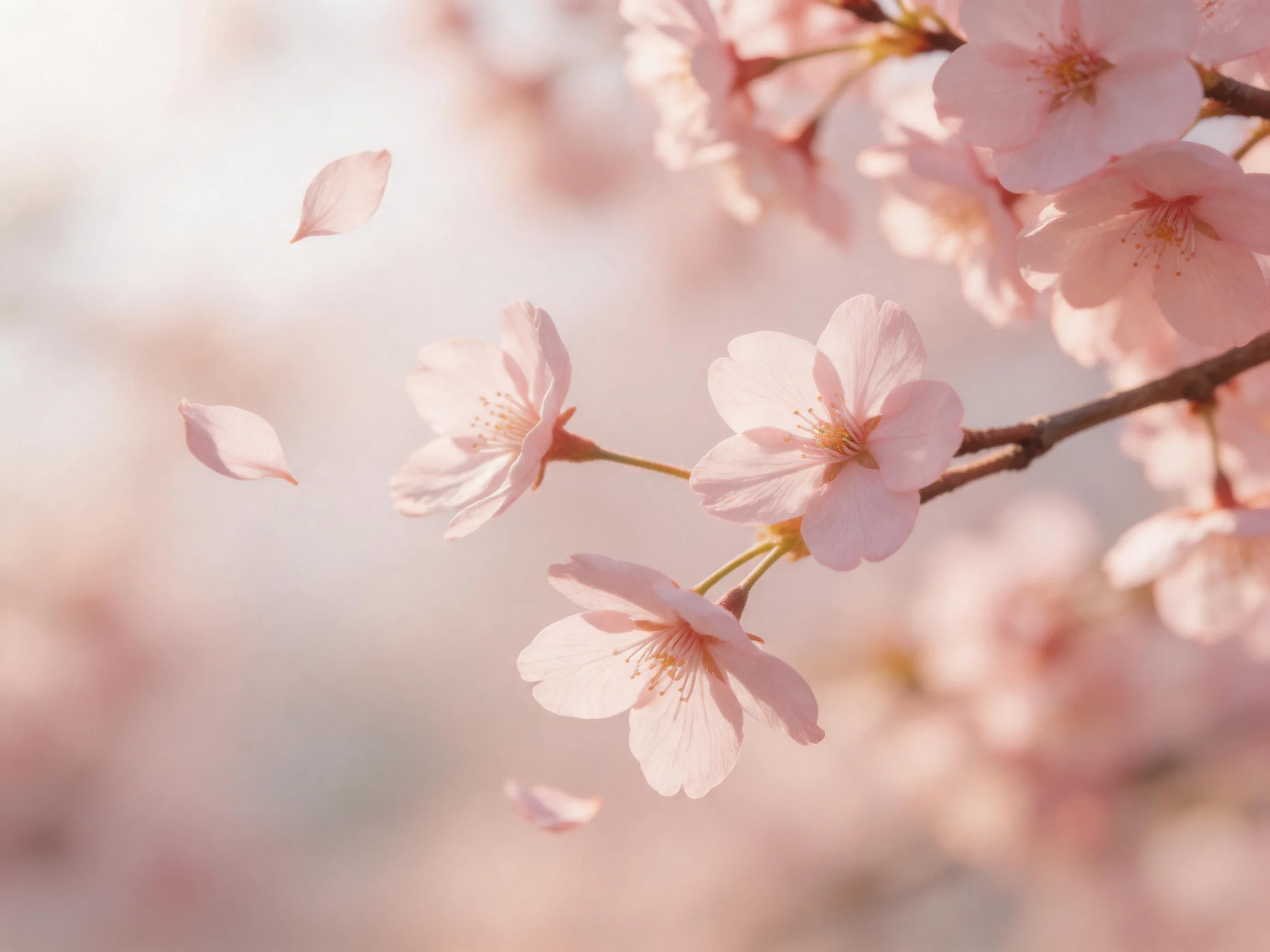 Delicate pink cherry blossoms with falling petals and soft bokeh