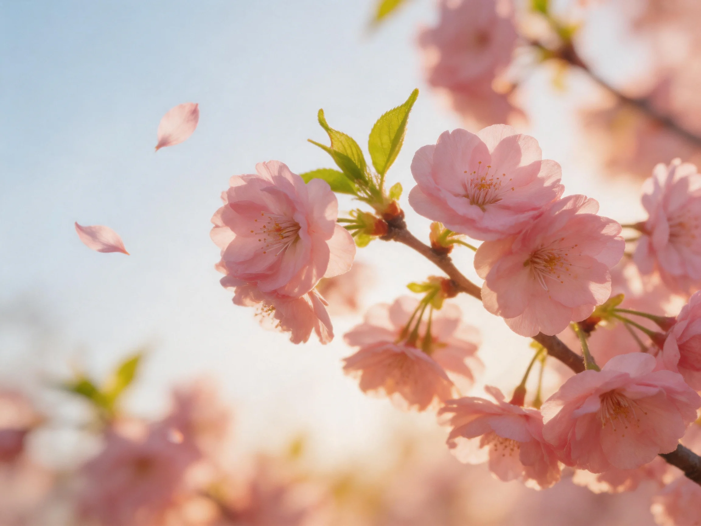 Delicate pink cherry blossoms with falling petals under soft light