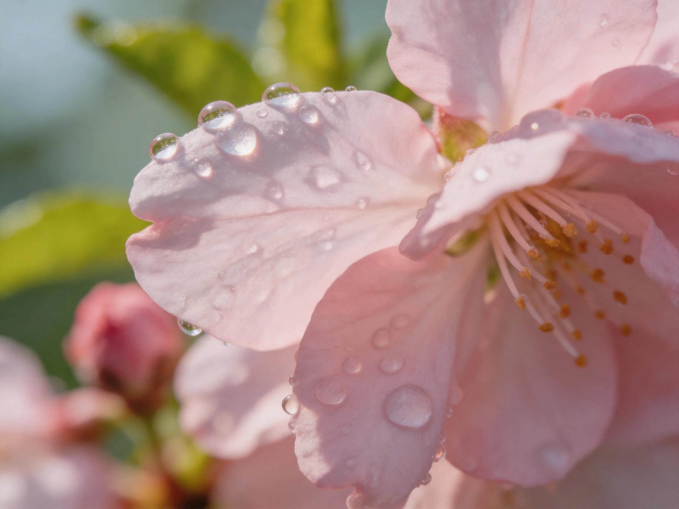 Delicate pink cherry blossoms with glistening dewdrops