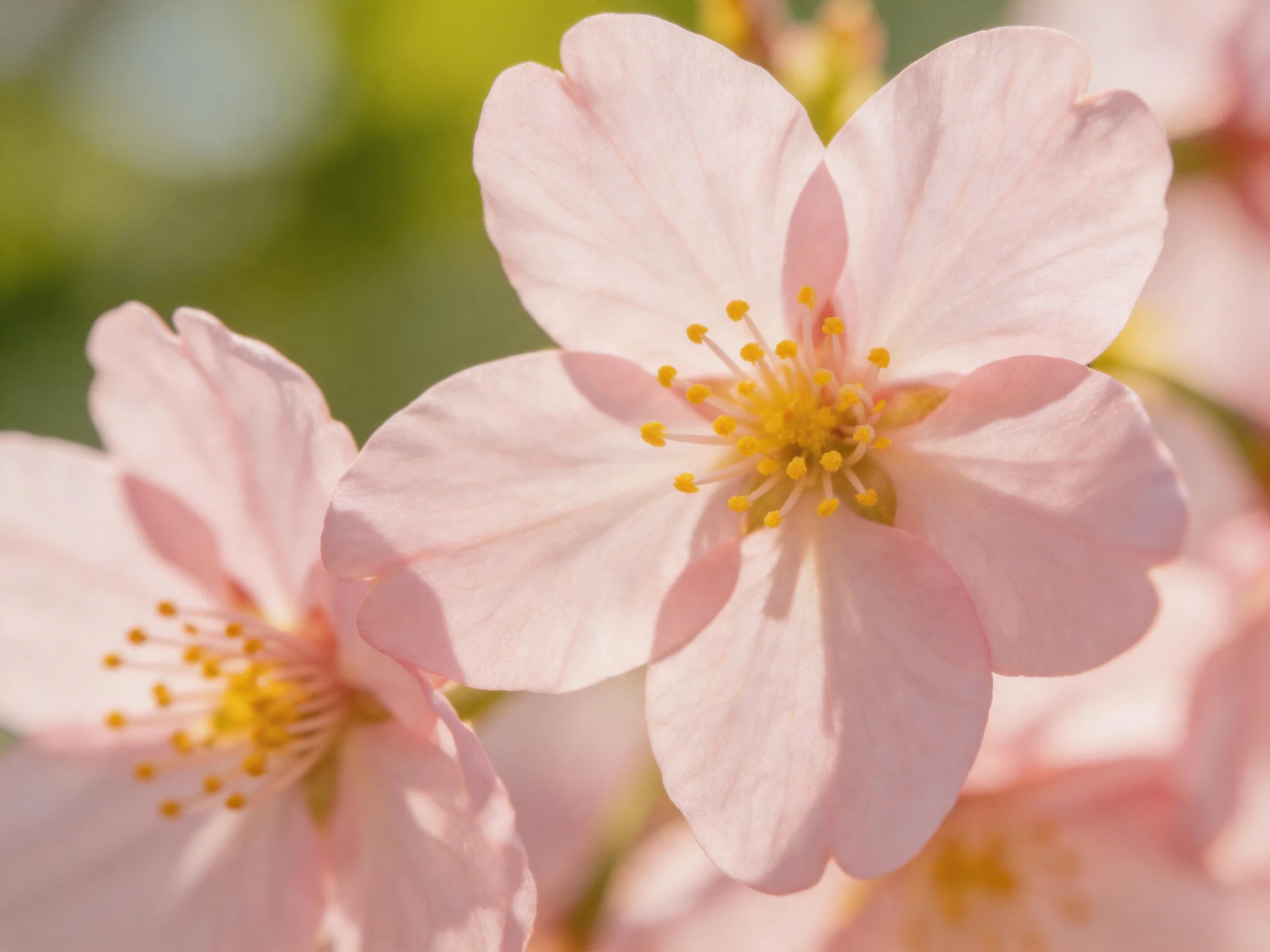 Delicate pink cherry blossoms with golden stamens in soft light