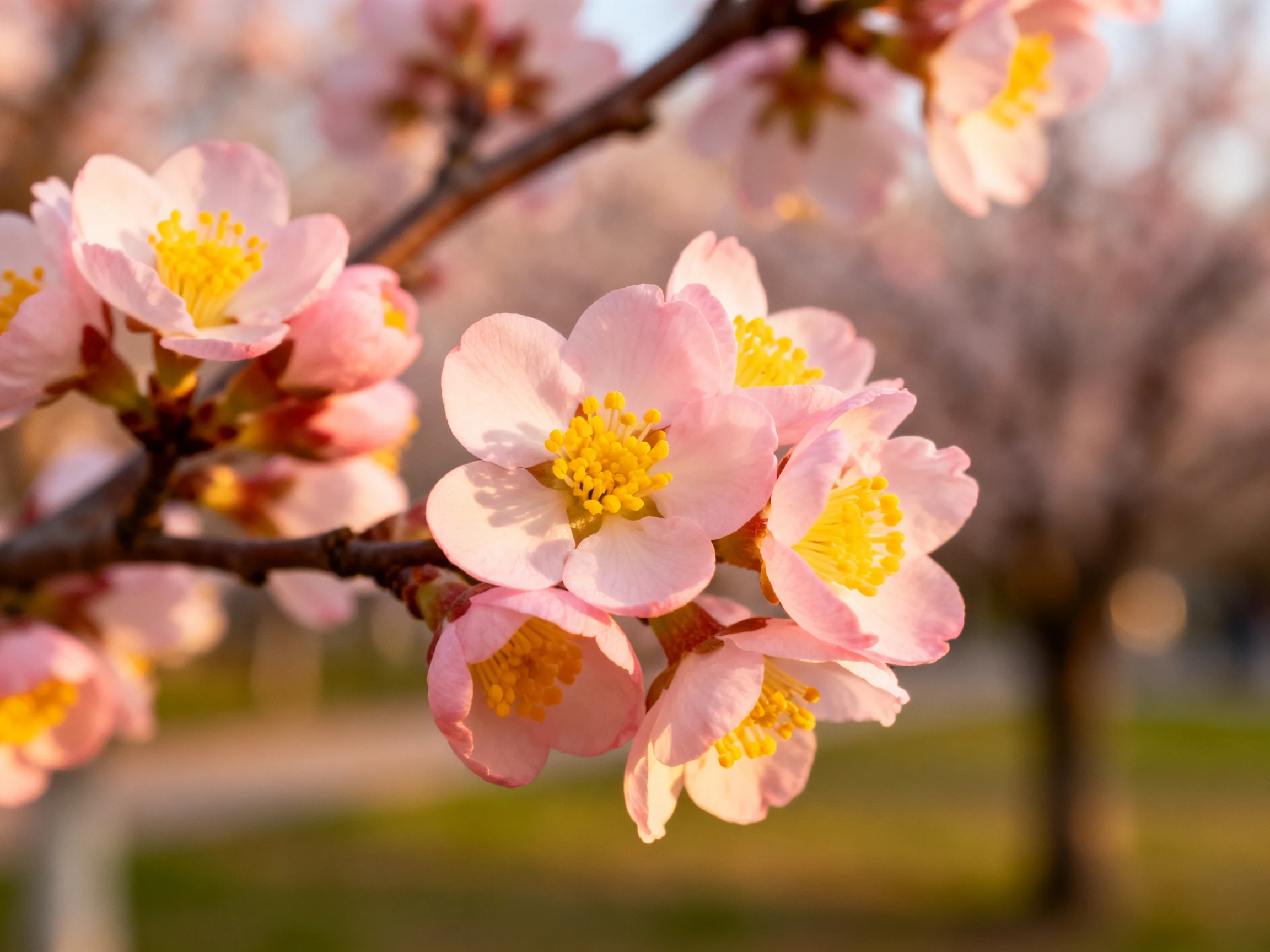 Delicate pink cherry blossoms with golden yellow stamens