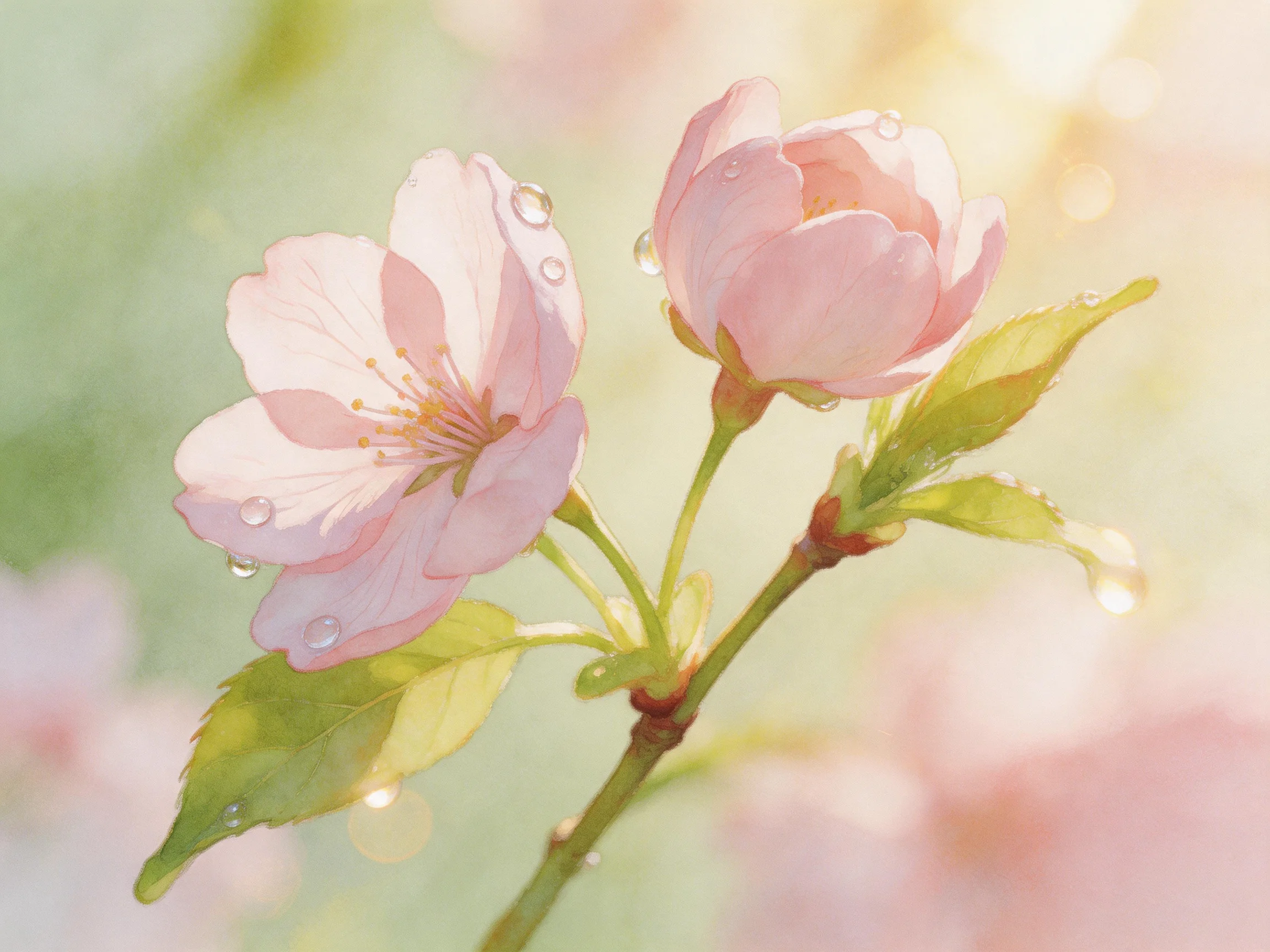 Delicate pink cherry blossoms with water droplets on petals and leaves