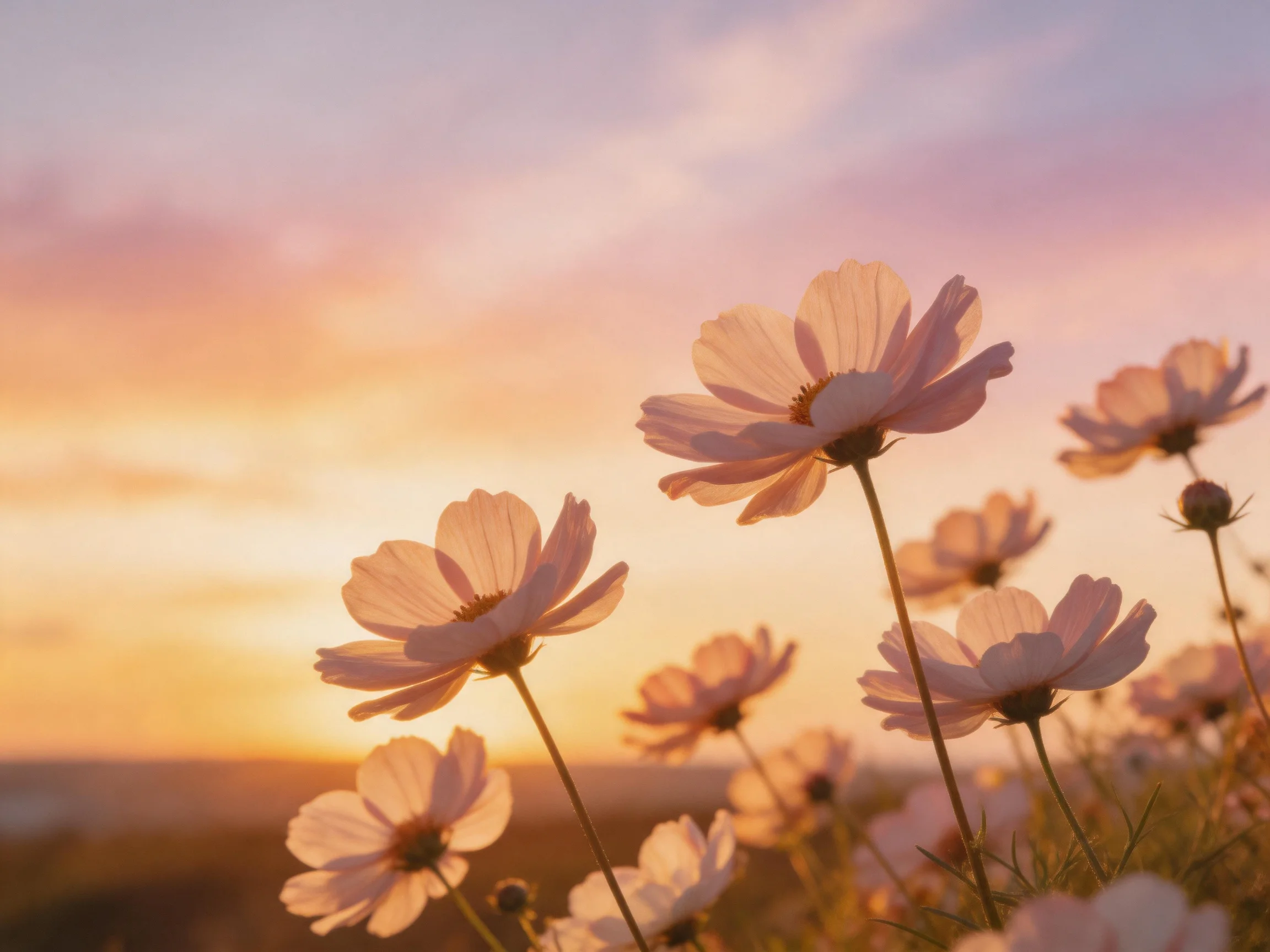 Delicate pink cosmos bloom beneath a golden sunset sky