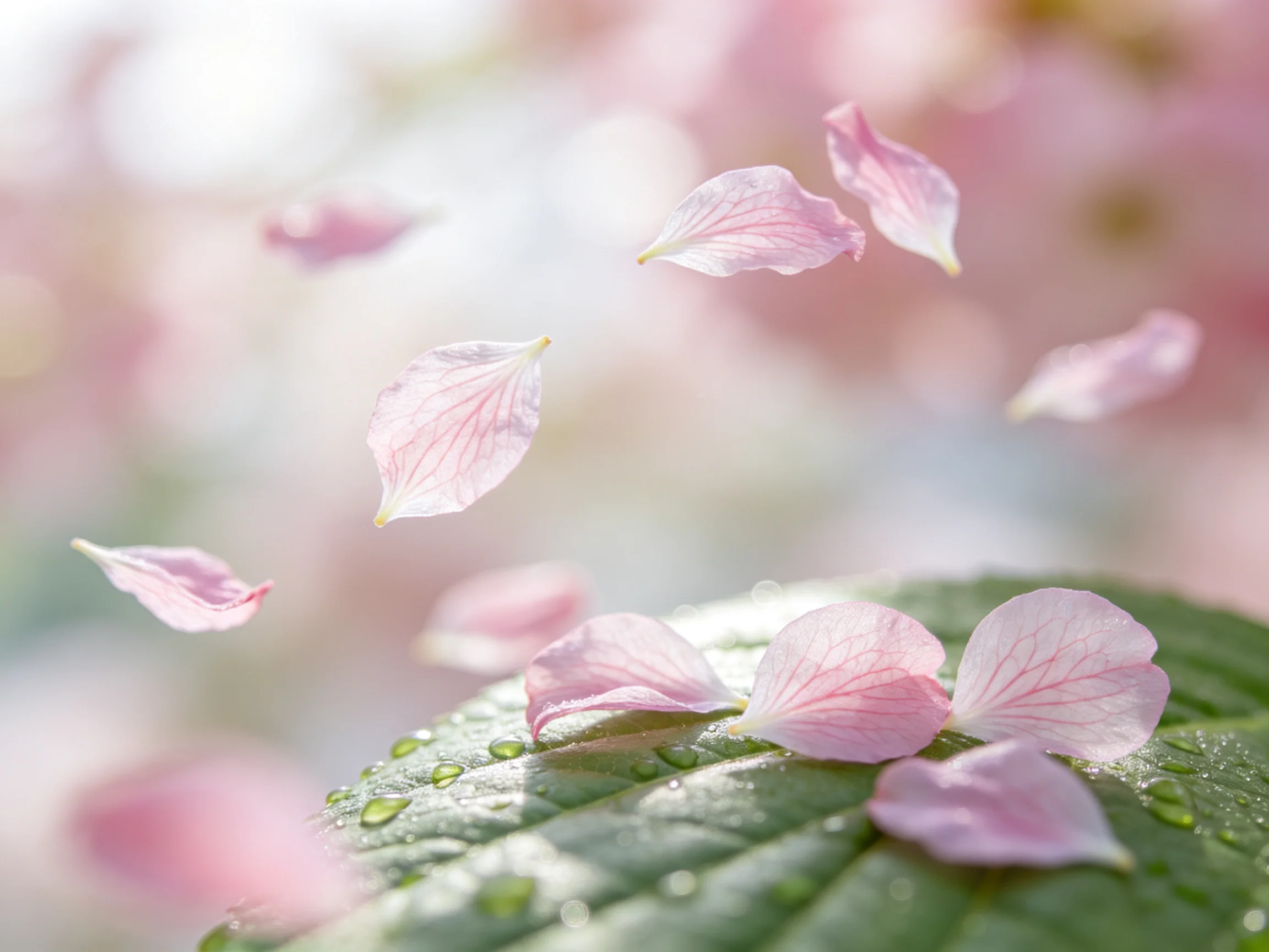 Delicate pink flower petals float near a dewy green leaf with soft bokeh