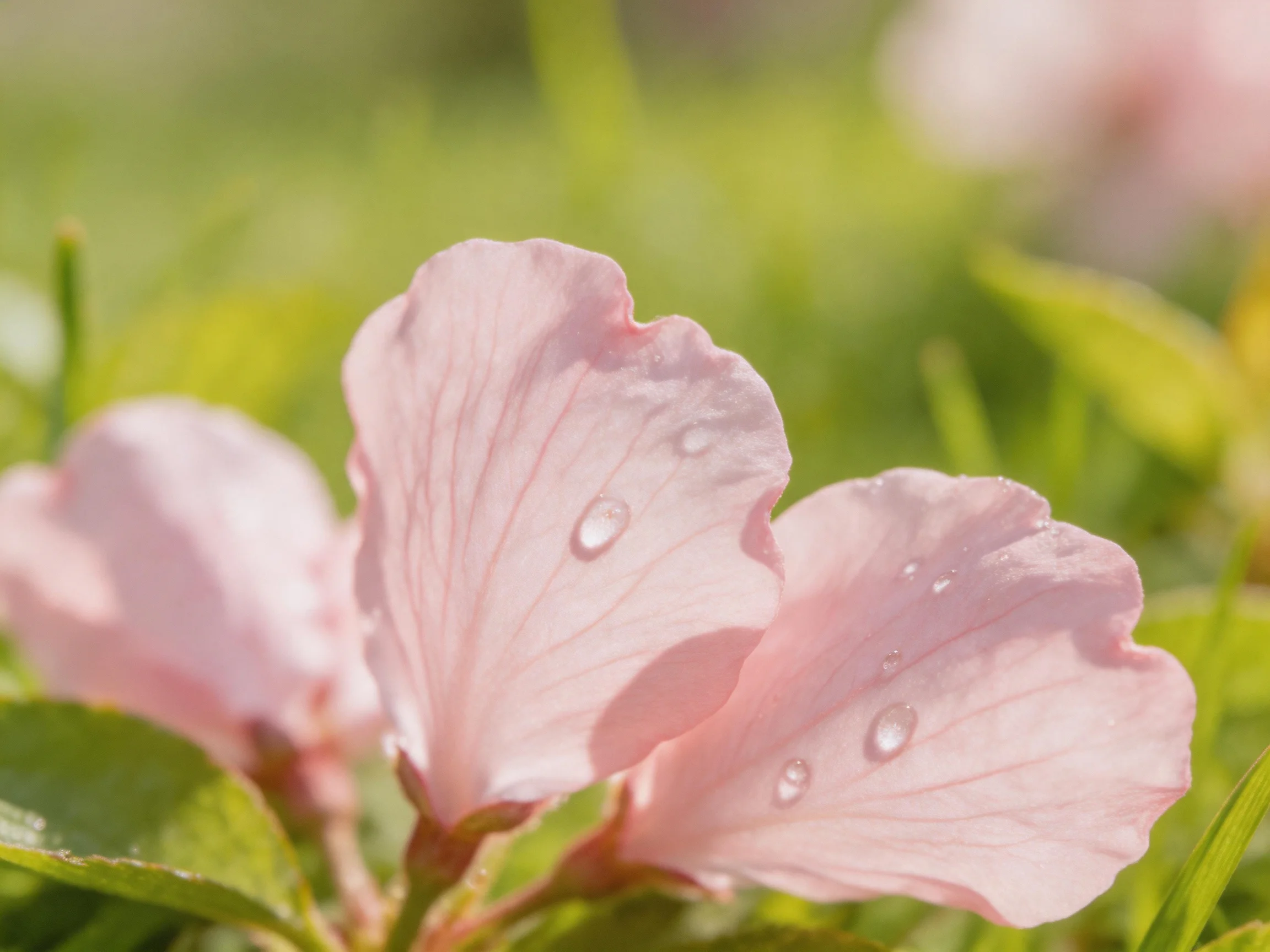 Delicate pink flower petals with dewdrops amidst lush green foliage